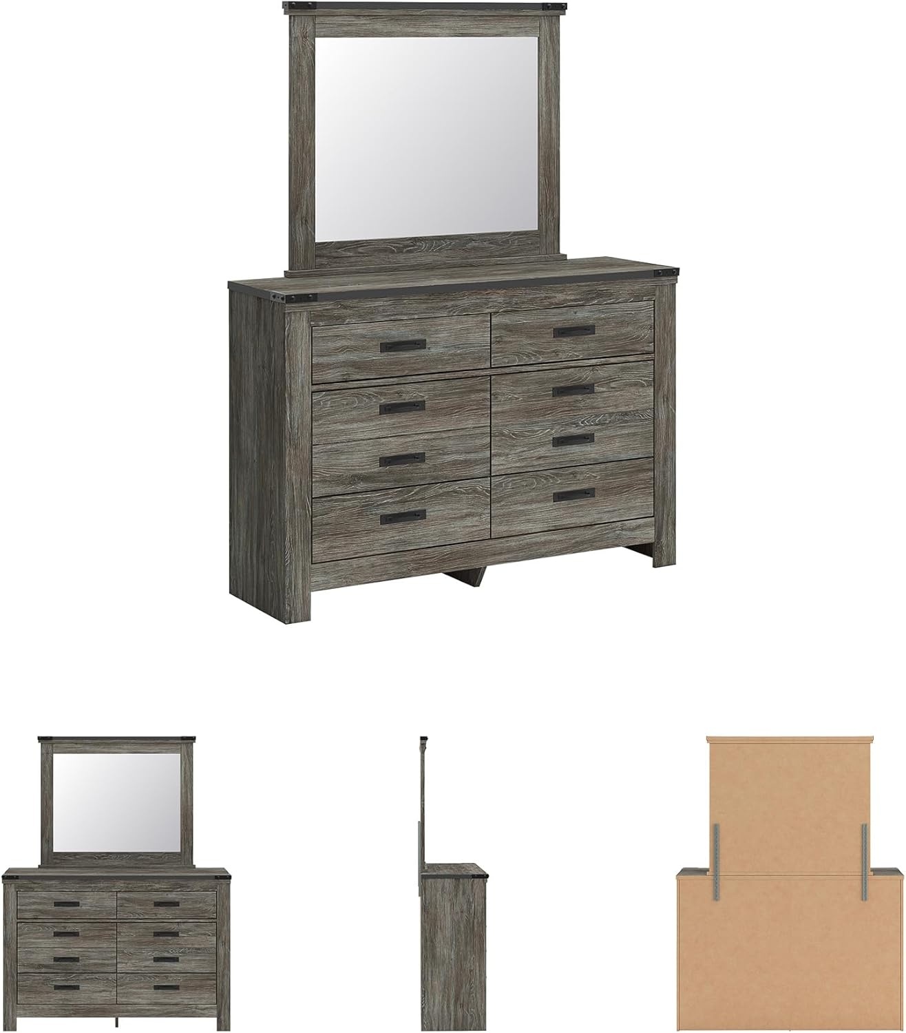 image:imageSignature Design by Ashley Frandern Dresser with Mirror 8 SmoothGliding Drawers Engineered Wood Storage for Bedroom Rustic Warm Gray Oak Grain 545 Wide