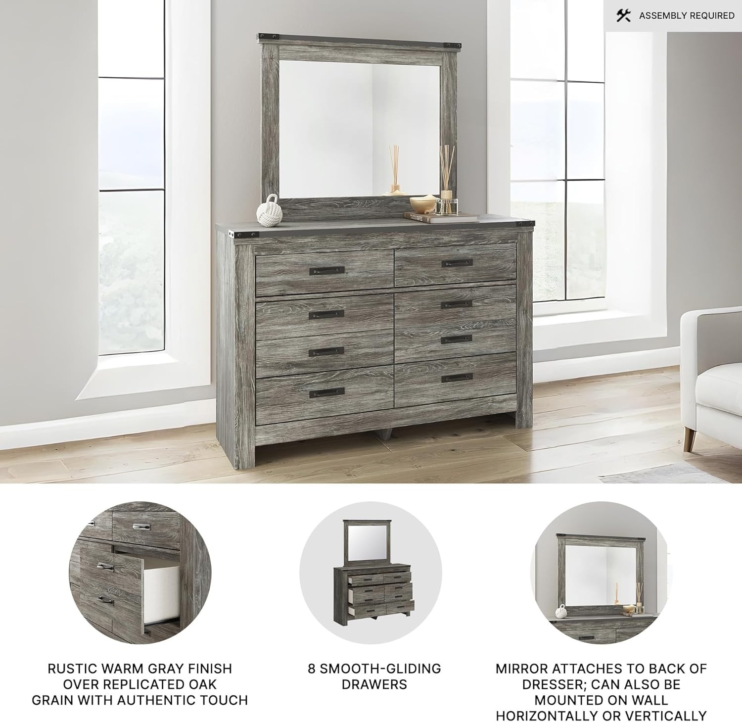 image:imageSignature Design by Ashley Frandern Dresser with Mirror 8 SmoothGliding Drawers Engineered Wood Storage for Bedroom Rustic Warm Gray Oak Grain 545 Wide