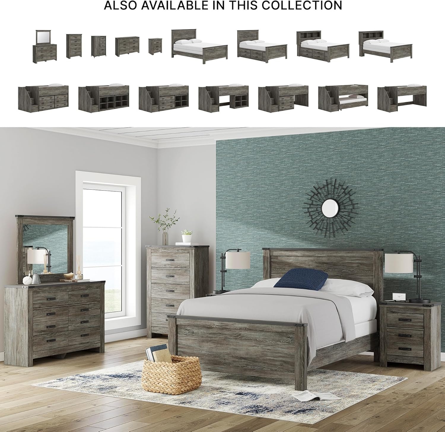 image:imageSignature Design by Ashley Frandern Dresser with Mirror 8 SmoothGliding Drawers Engineered Wood Storage for Bedroom Rustic Warm Gray Oak Grain 545 Wide