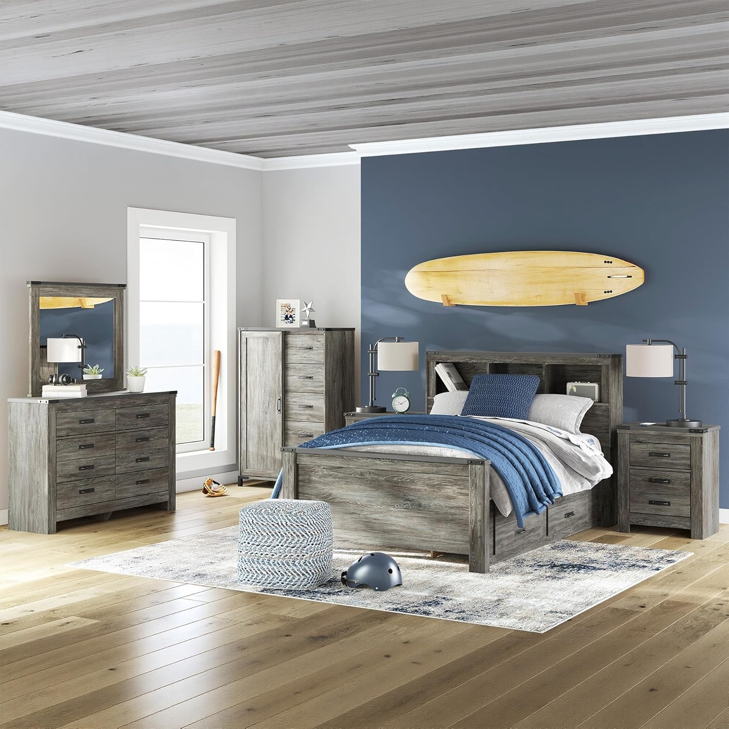 image:imageSignature Design by Ashley Frandern Dresser with Mirror 8 SmoothGliding Drawers Engineered Wood Storage for Bedroom Rustic Warm Gray Oak Grain 545 Wide