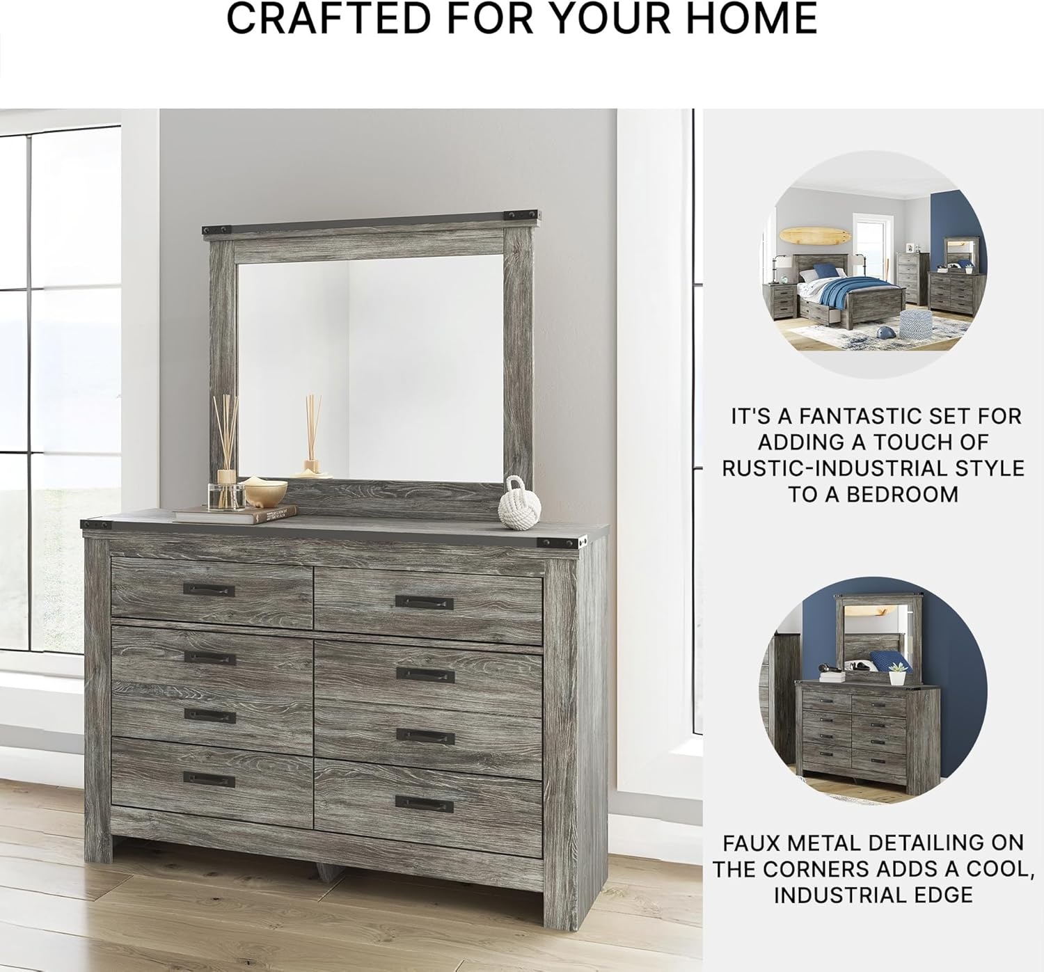 image:imageSignature Design by Ashley Frandern Dresser with Mirror 8 SmoothGliding Drawers Engineered Wood Storage for Bedroom Rustic Warm Gray Oak Grain 545 Wide