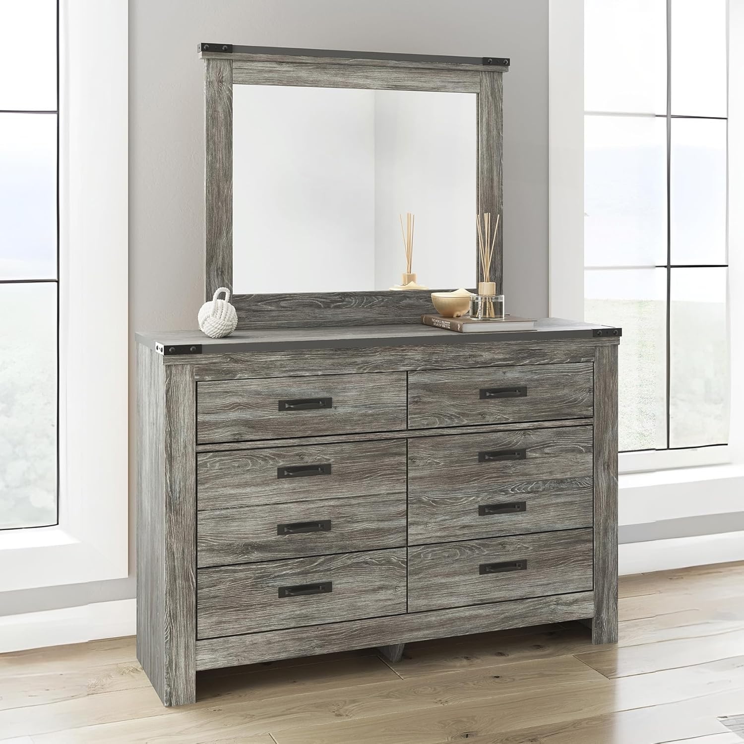 image:imageSignature Design by Ashley Frandern Dresser with Mirror 8 SmoothGliding Drawers Engineered Wood Storage for Bedroom Rustic Warm Gray Oak Grain 545 Wide