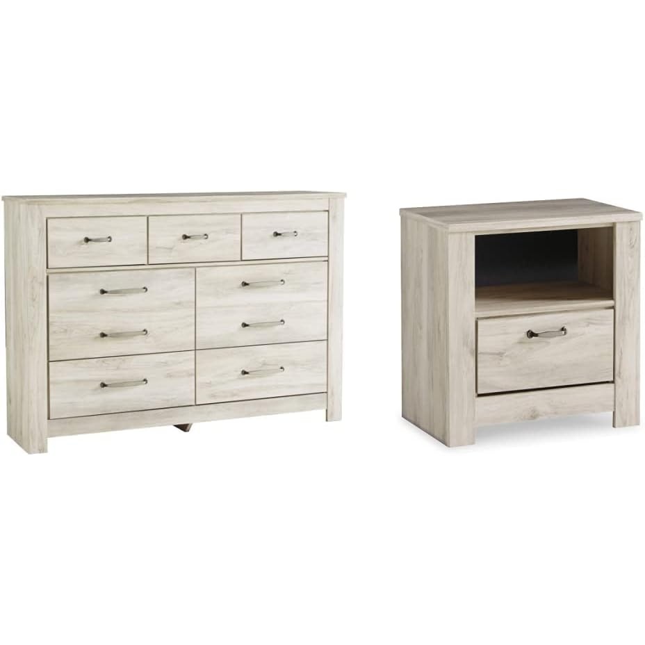 image:imageSignature Design by Ashley Bellaby Farmhouse 7 Drawer Dresser Whitewash and 1 Drawer Nightstand with Storage Cubby amp USB Charging Station WhitewashDresser Charging Station Whitewash