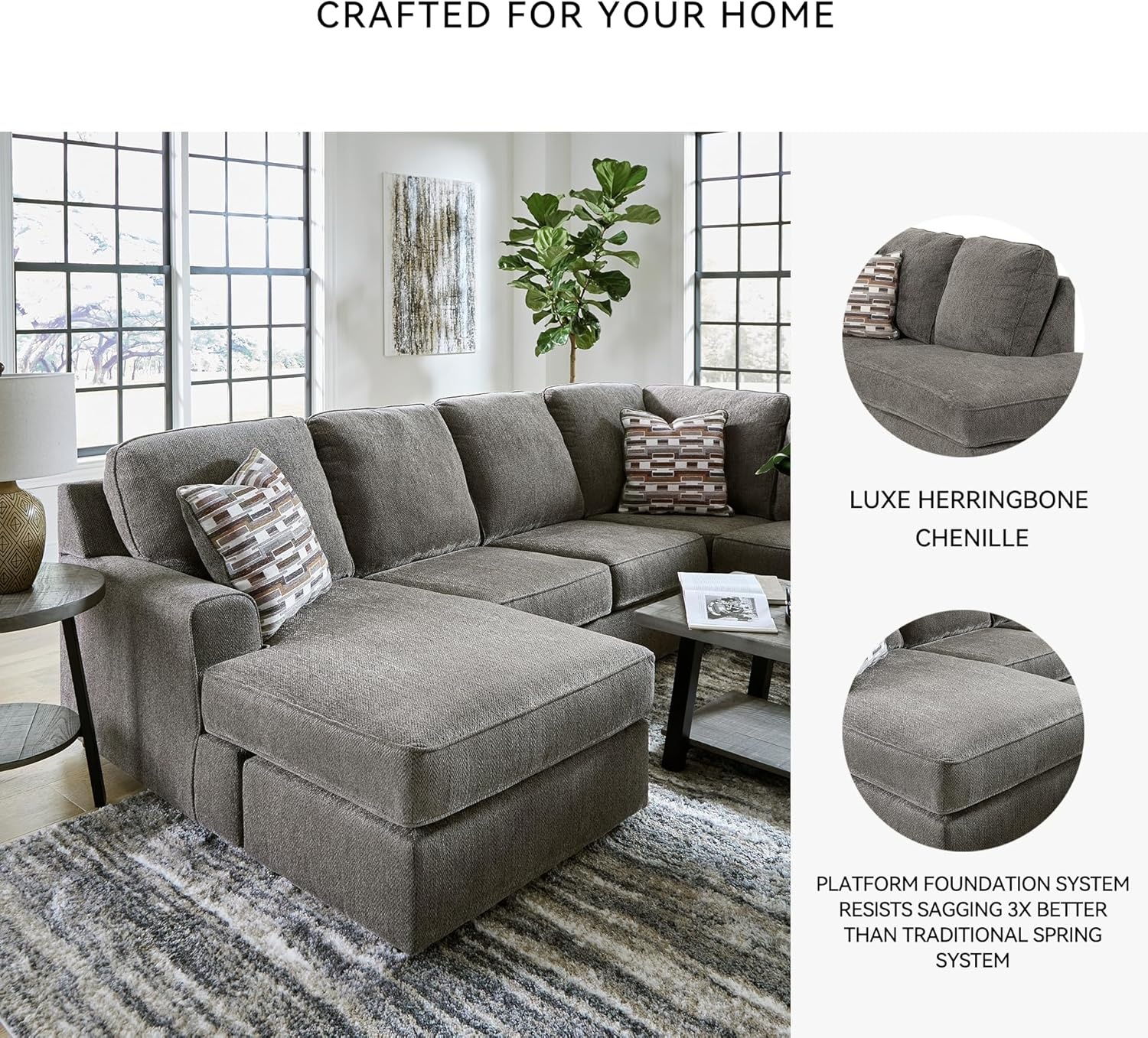 image:imageSignature Design by Ashley OPhannon Casual RightArm Facing Herringbone Chenille 2Piece Sectional with Chaise Loose Seat Cushions and 2 Throw Pillows GrayGrey