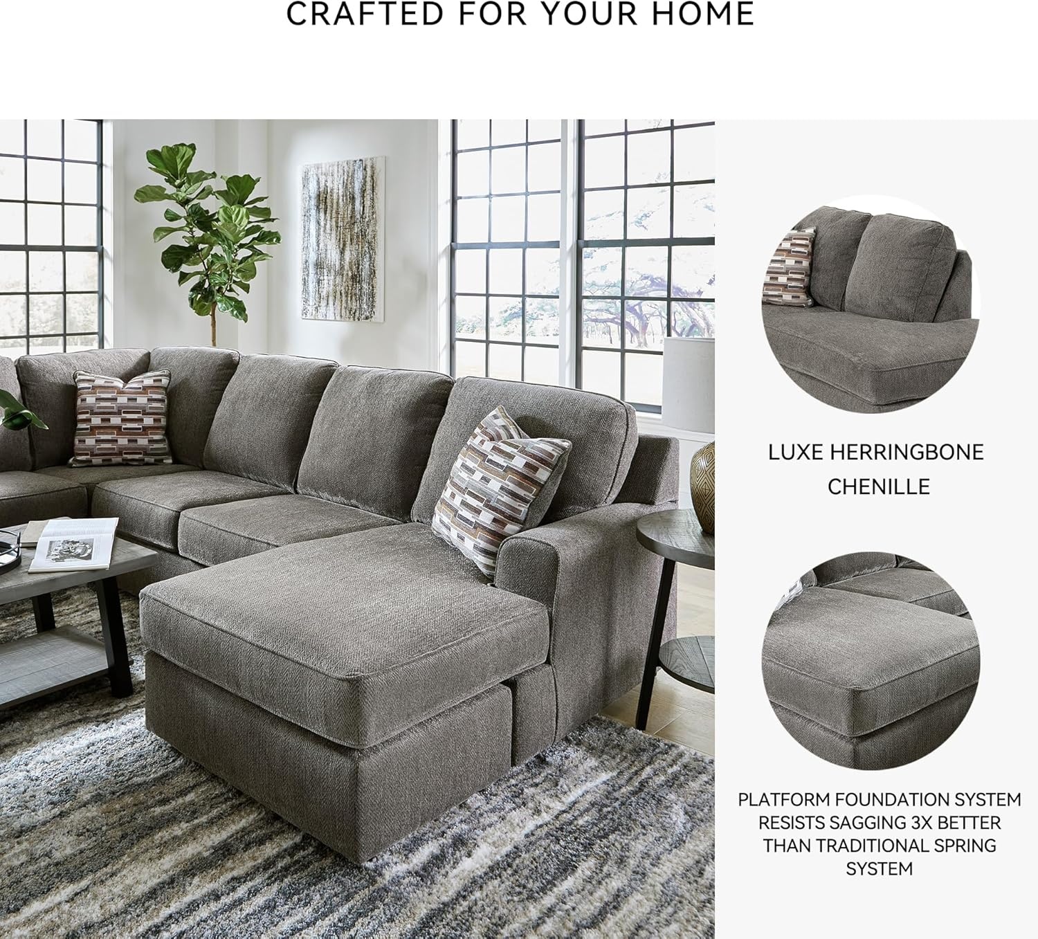 image:imageSignature Design by Ashley OPhannon Casual RightArm Facing Herringbone Chenille 2Piece Sectional with Chaise Loose Seat Cushions and 2 Throw Pillows GrayGrey
