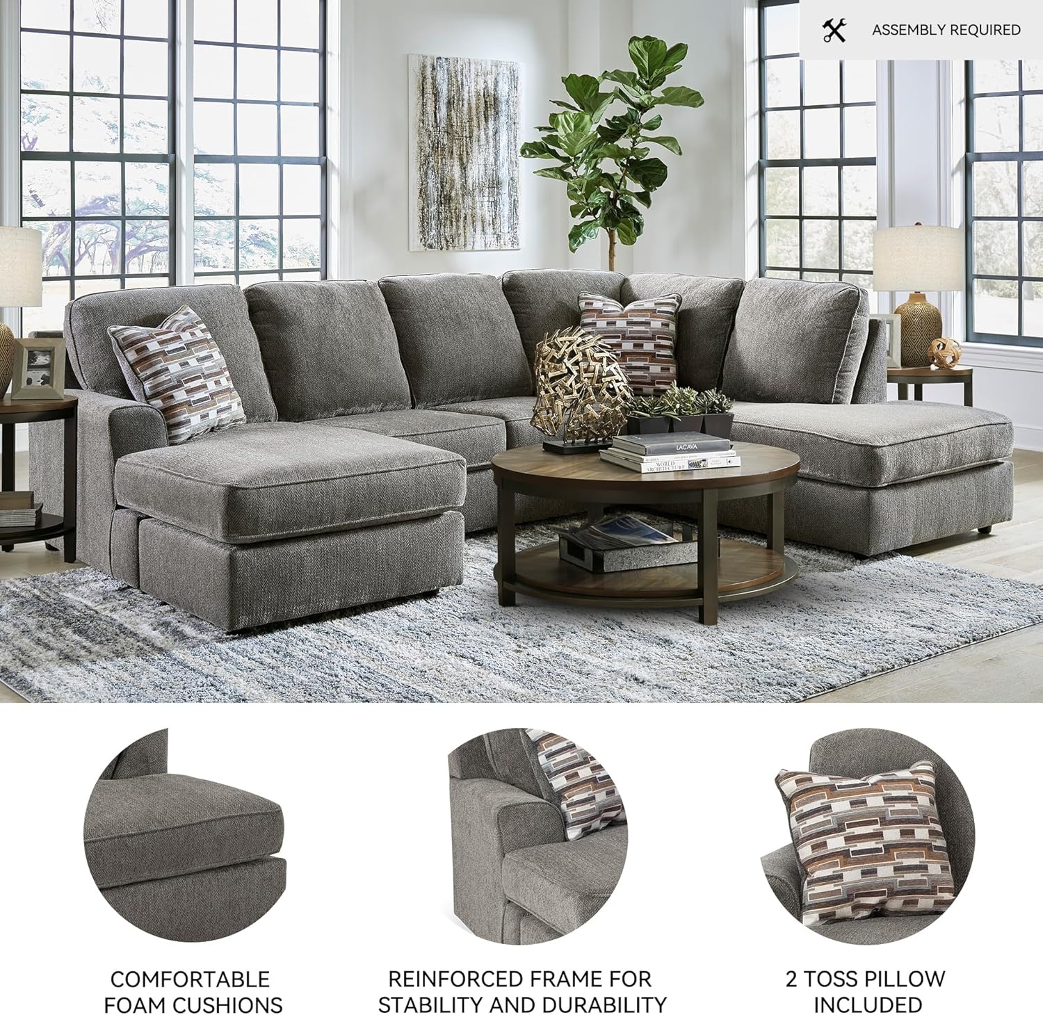 image:imageSignature Design by Ashley OPhannon Casual RightArm Facing Herringbone Chenille 2Piece Sectional with Chaise Loose Seat Cushions and 2 Throw Pillows GrayGrey