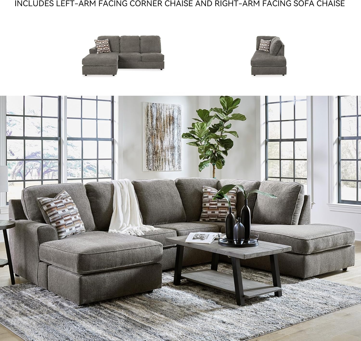 image:imageSignature Design by Ashley OPhannon Casual RightArm Facing Herringbone Chenille 2Piece Sectional with Chaise Loose Seat Cushions and 2 Throw Pillows GrayGrey
