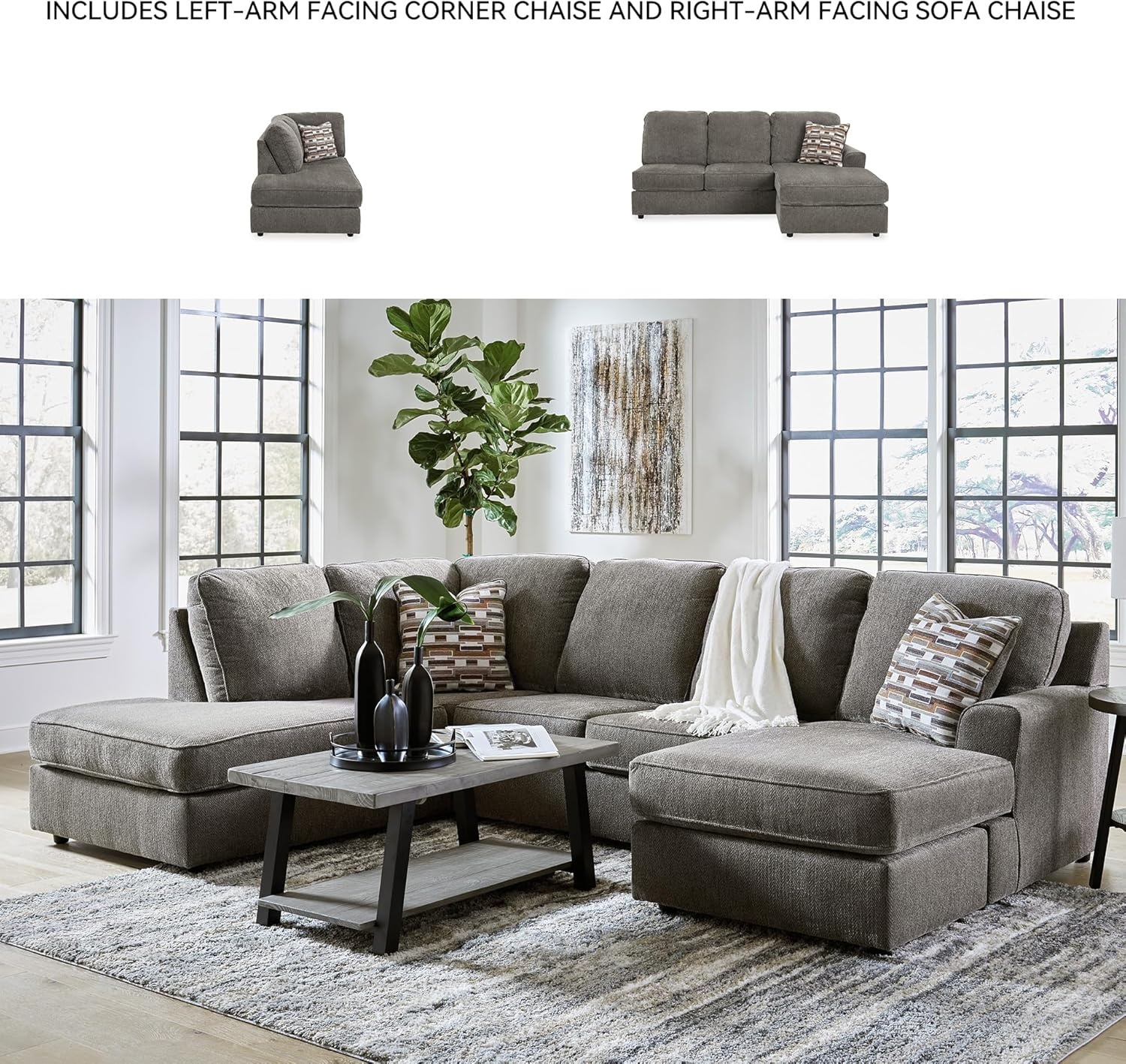 image:imageSignature Design by Ashley OPhannon Casual RightArm Facing Herringbone Chenille 2Piece Sectional with Chaise Loose Seat Cushions and 2 Throw Pillows GrayGrey