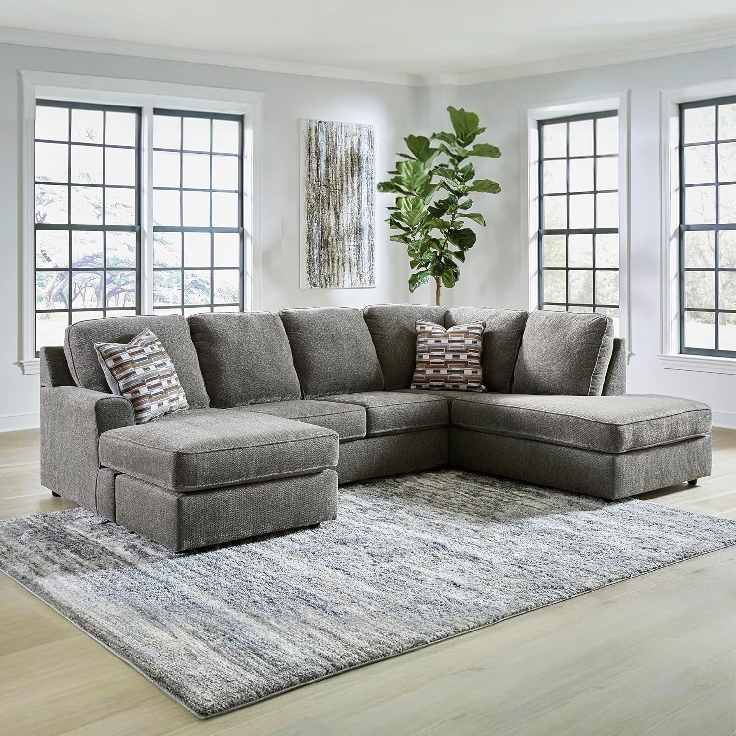 image:imageSignature Design by Ashley OPhannon Casual RightArm Facing Herringbone Chenille 2Piece Sectional with Chaise Loose Seat Cushions and 2 Throw Pillows GrayGrey