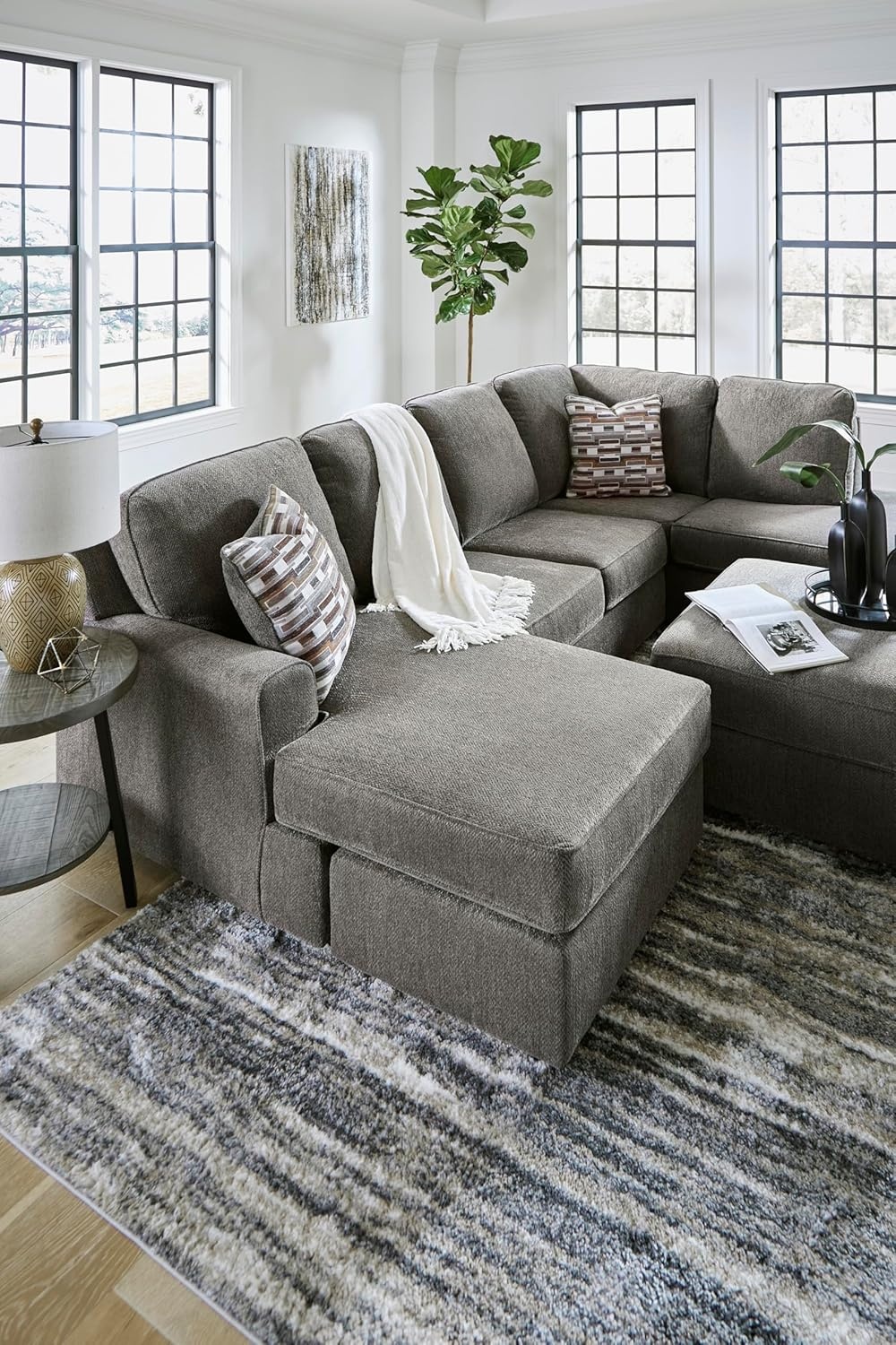 image:imageSignature Design by Ashley OPhannon Casual RightArm Facing Herringbone Chenille 2Piece Sectional with Chaise Loose Seat Cushions and 2 Throw Pillows GrayGrey