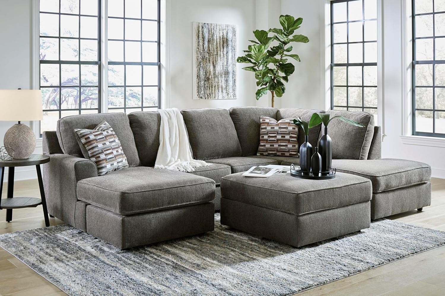 image:imageSignature Design by Ashley OPhannon Casual RightArm Facing Herringbone Chenille 2Piece Sectional with Chaise Loose Seat Cushions and 2 Throw Pillows GrayGrey
