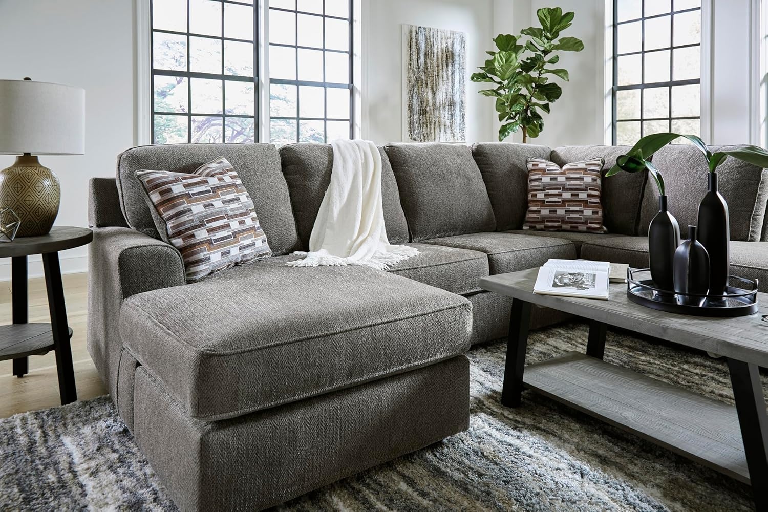 image:imageSignature Design by Ashley OPhannon Casual RightArm Facing Herringbone Chenille 2Piece Sectional with Chaise Loose Seat Cushions and 2 Throw Pillows GrayGrey