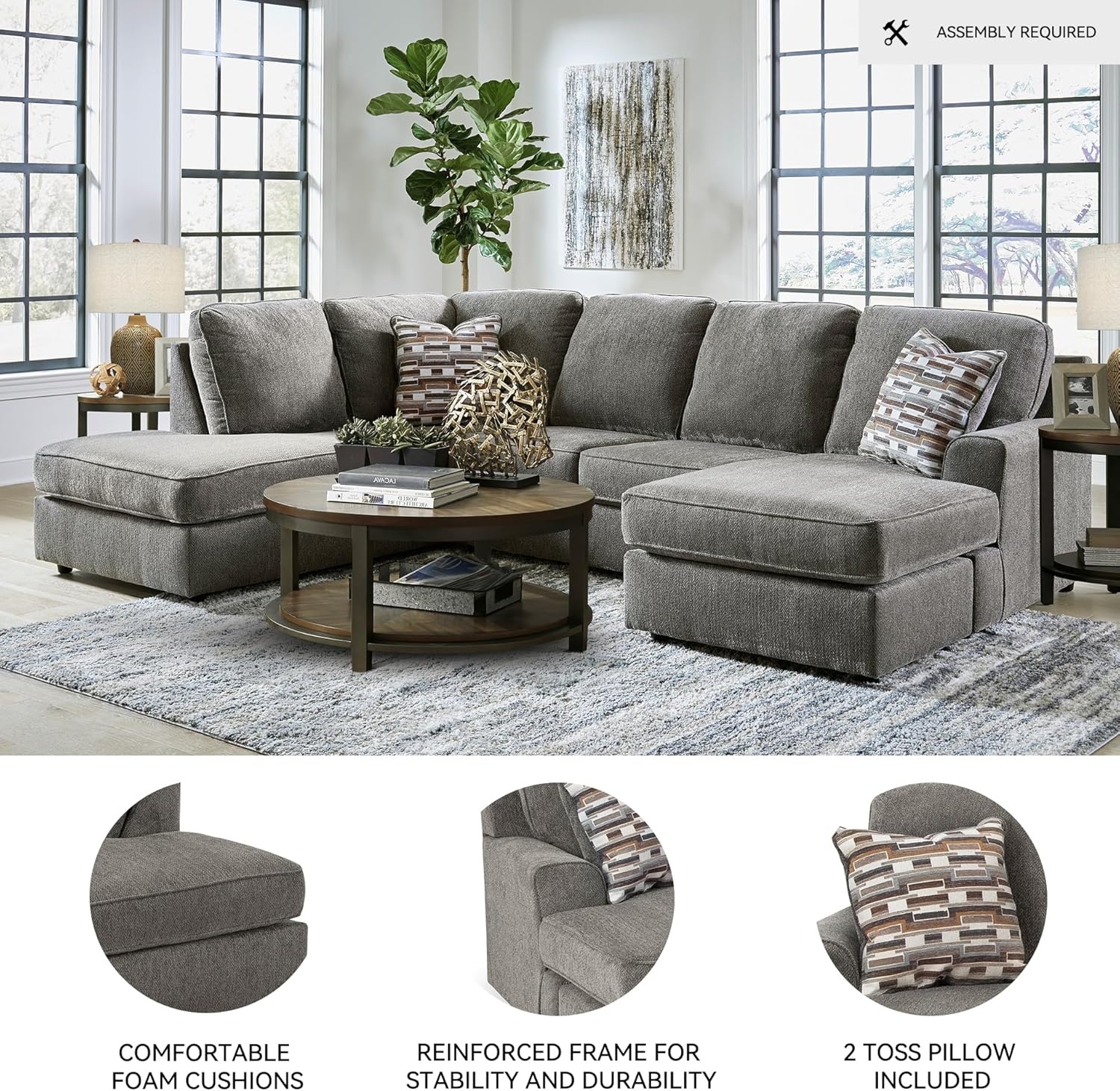 image:imageSignature Design by Ashley OPhannon Casual RightArm Facing Herringbone Chenille 2Piece Sectional with Chaise Loose Seat Cushions and 2 Throw Pillows GrayGrey