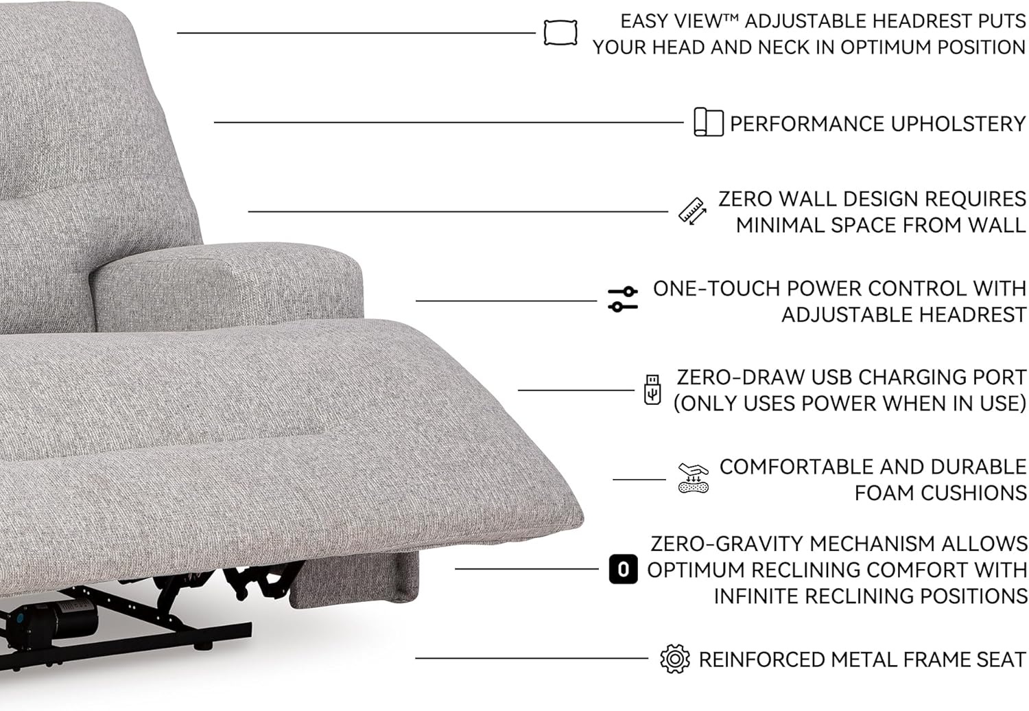 image:imageSignature Design by Ashley Acklen Place Contemporary Indoor ZeroGravity Stain Resistant Oversized Upholstered Power Recliner with Adjustable Headrest and USB Port Light GrayLight Gray