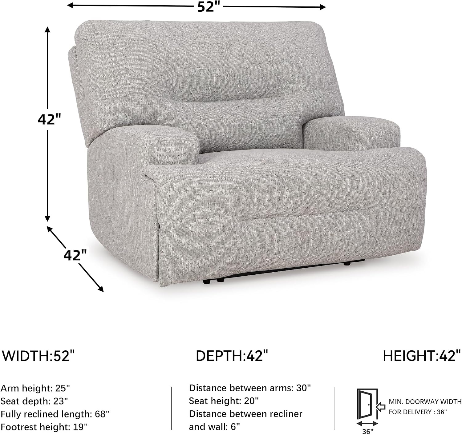 image:imageSignature Design by Ashley Acklen Place Contemporary Indoor ZeroGravity Stain Resistant Oversized Upholstered Power Recliner with Adjustable Headrest and USB Port Light GrayLight Gray