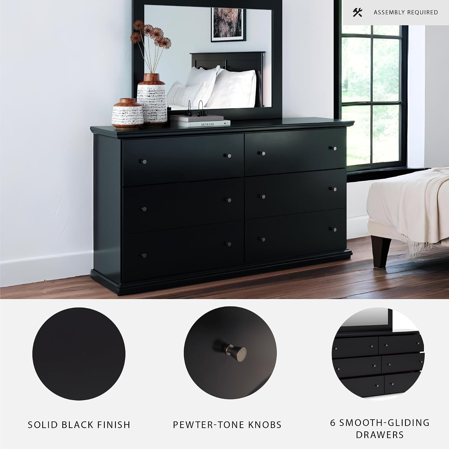 image:imageSignature Design by Ashley Robbinsdale Transitional 54 in 6Drawer Dresser and Mirror with Felt Lined Top WhiteBlack