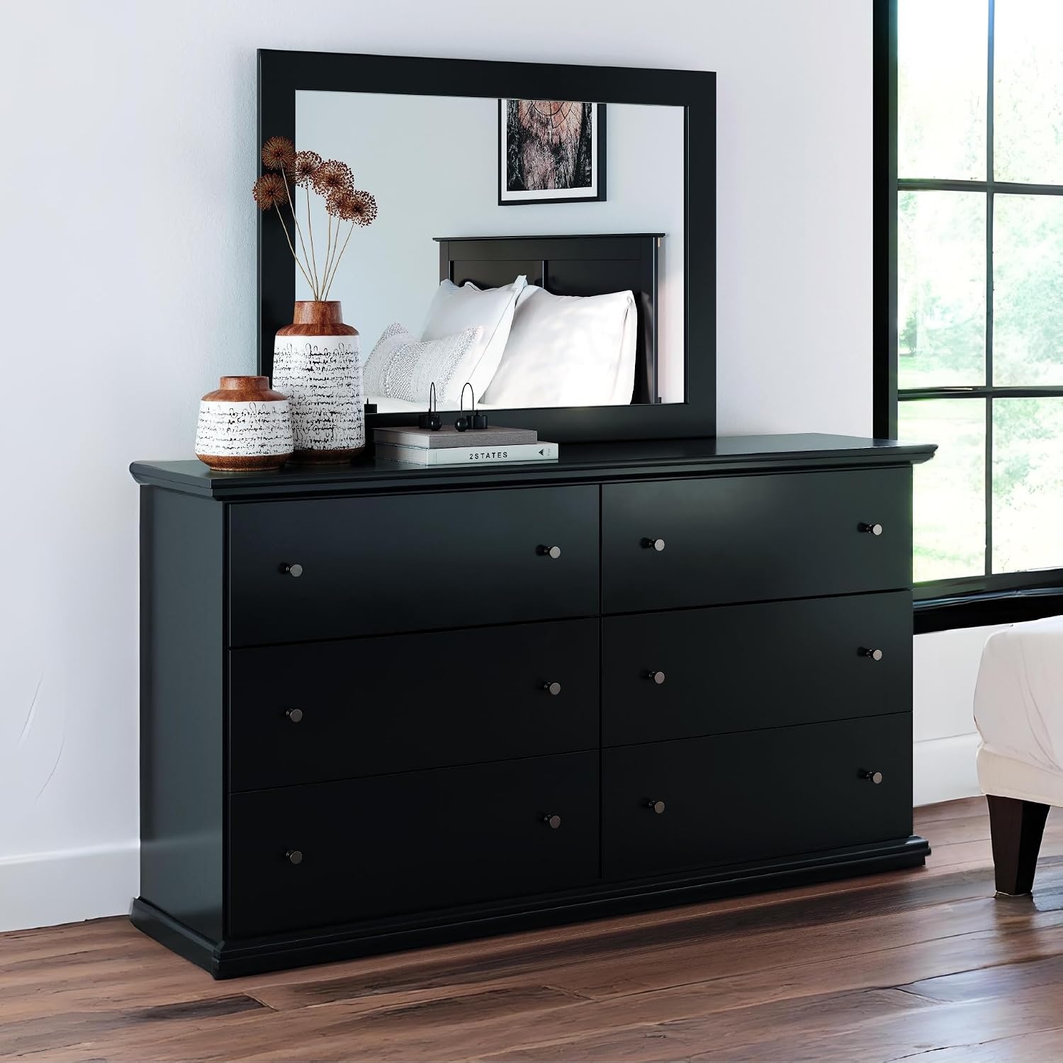image:imageSignature Design by Ashley Robbinsdale Transitional 54 in 6Drawer Dresser and Mirror with Felt Lined Top WhiteBlack