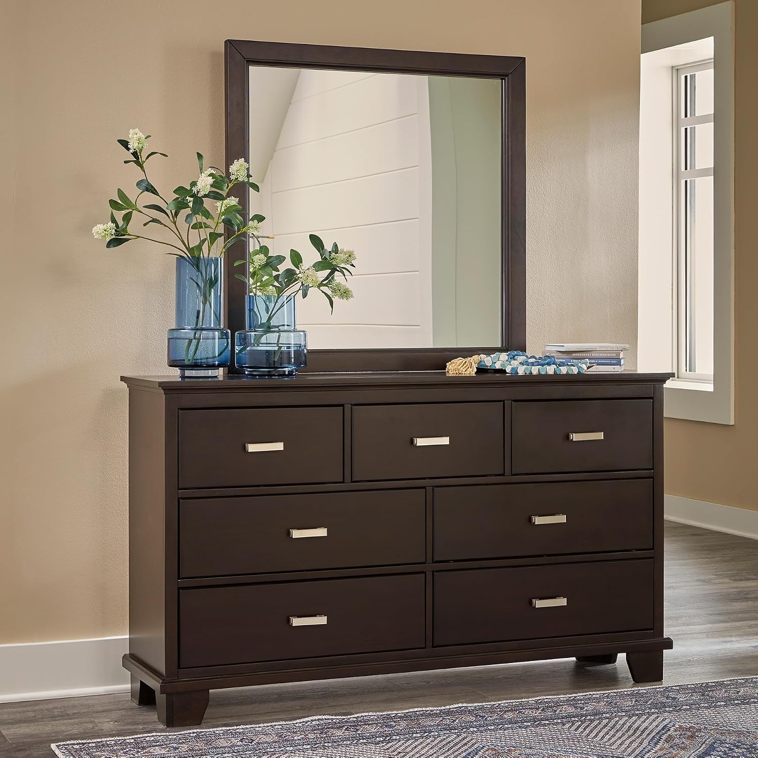 image:imageSignature Design by Ashley Robbinsdale Transitional 54 in 6Drawer Dresser and Mirror with Felt Lined Top WhiteBlackish Brown