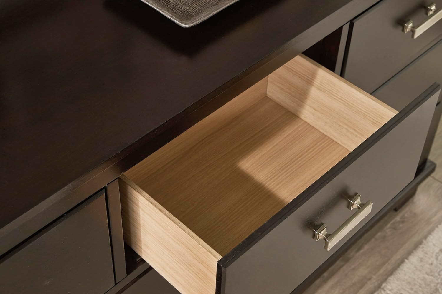 image:imageSignature Design by Ashley Robbinsdale Transitional 54 in 6Drawer Dresser and Mirror with Felt Lined Top WhiteBlackish Brown
