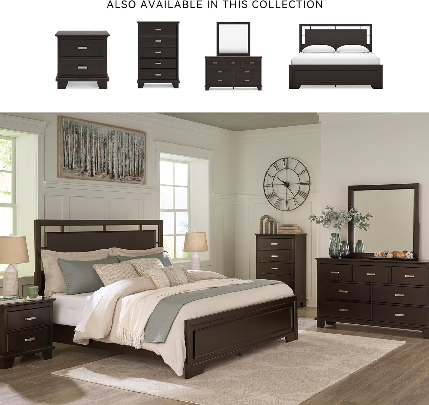 image:imageSignature Design by Ashley Robbinsdale Transitional 54 in 6Drawer Dresser and Mirror with Felt Lined Top WhiteBlackish Brown