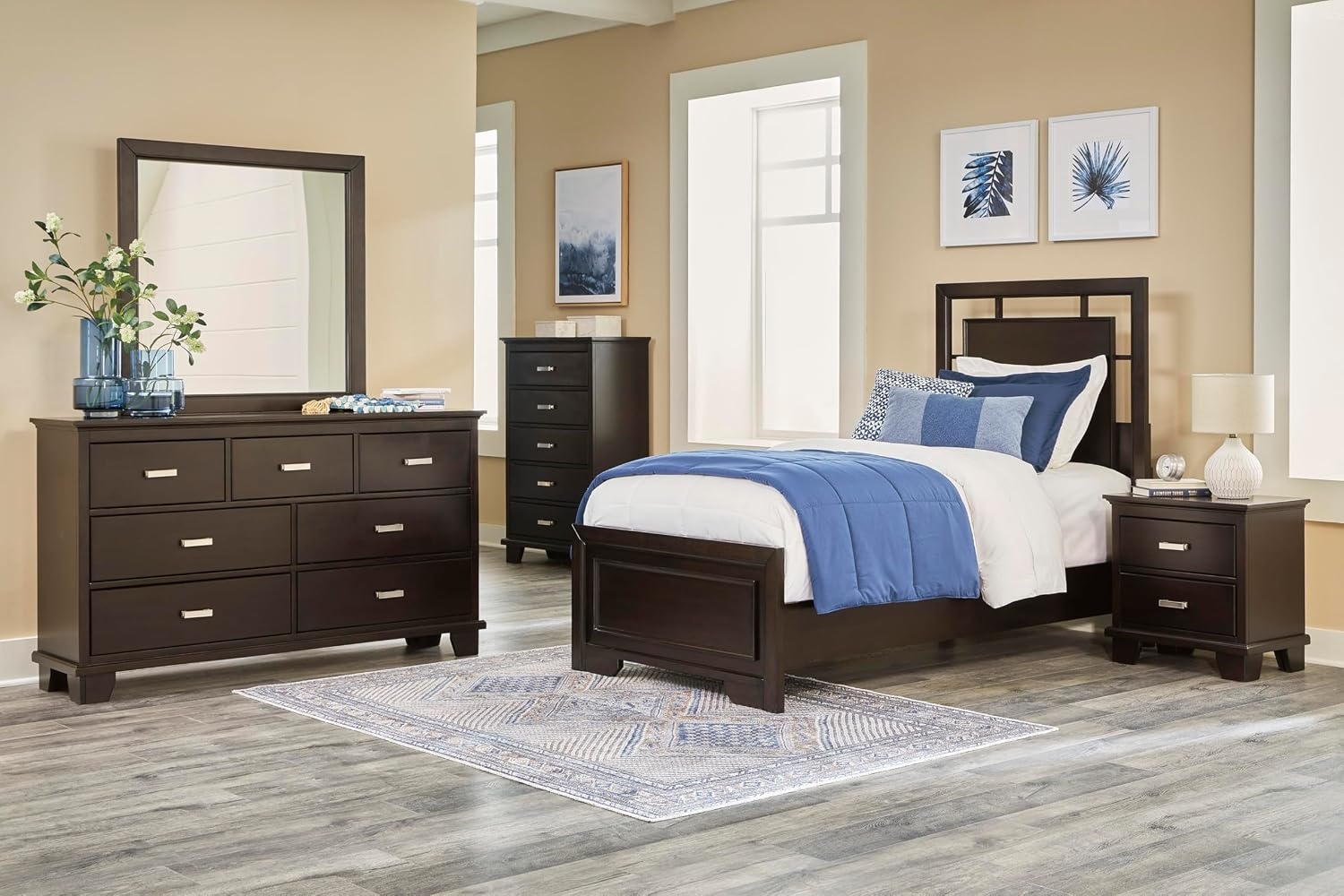 image:imageSignature Design by Ashley Robbinsdale Transitional 54 in 6Drawer Dresser and Mirror with Felt Lined Top WhiteBlackish Brown