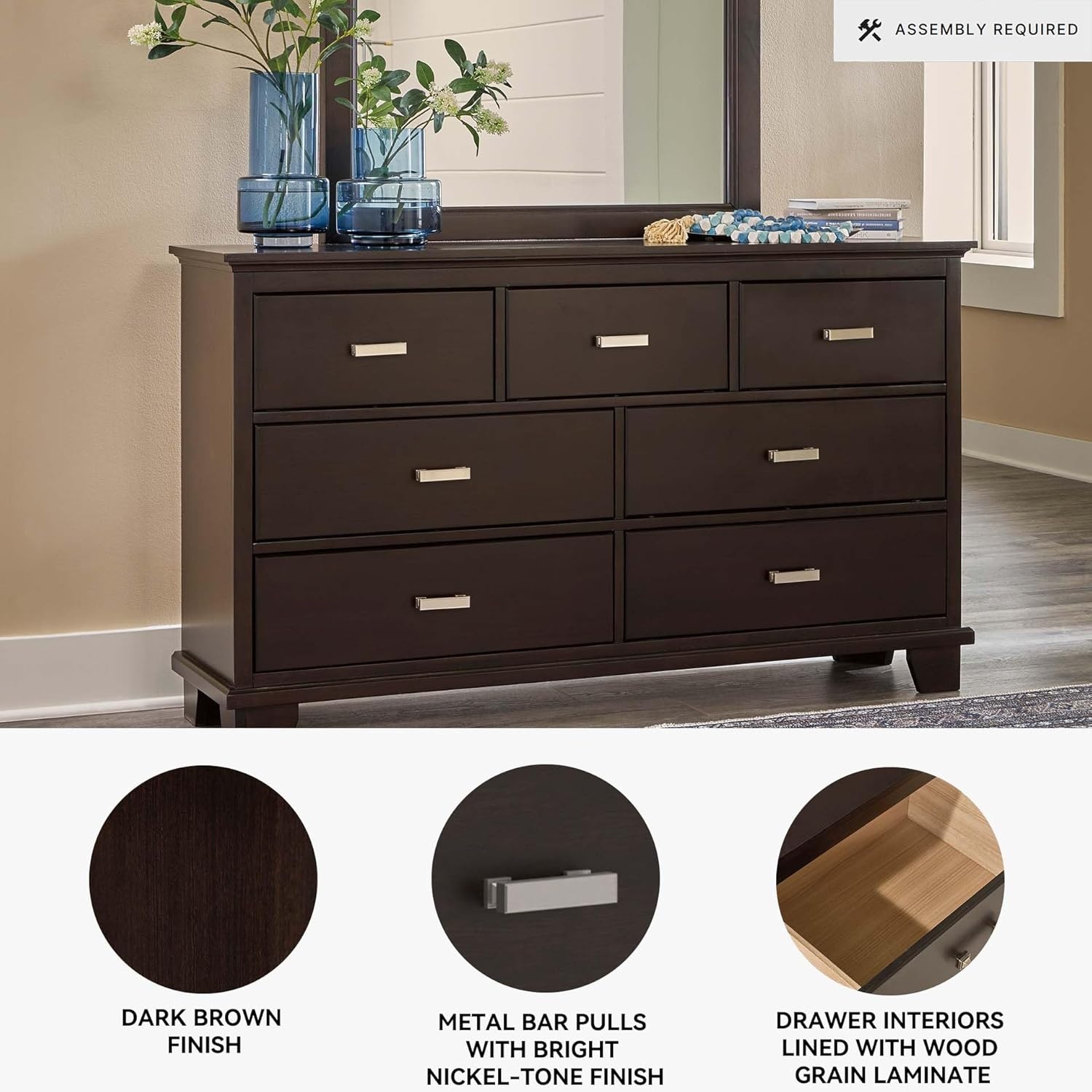 image:imageSignature Design by Ashley Robbinsdale Transitional 54 in 6Drawer Dresser and Mirror with Felt Lined Top WhiteBlackish Brown