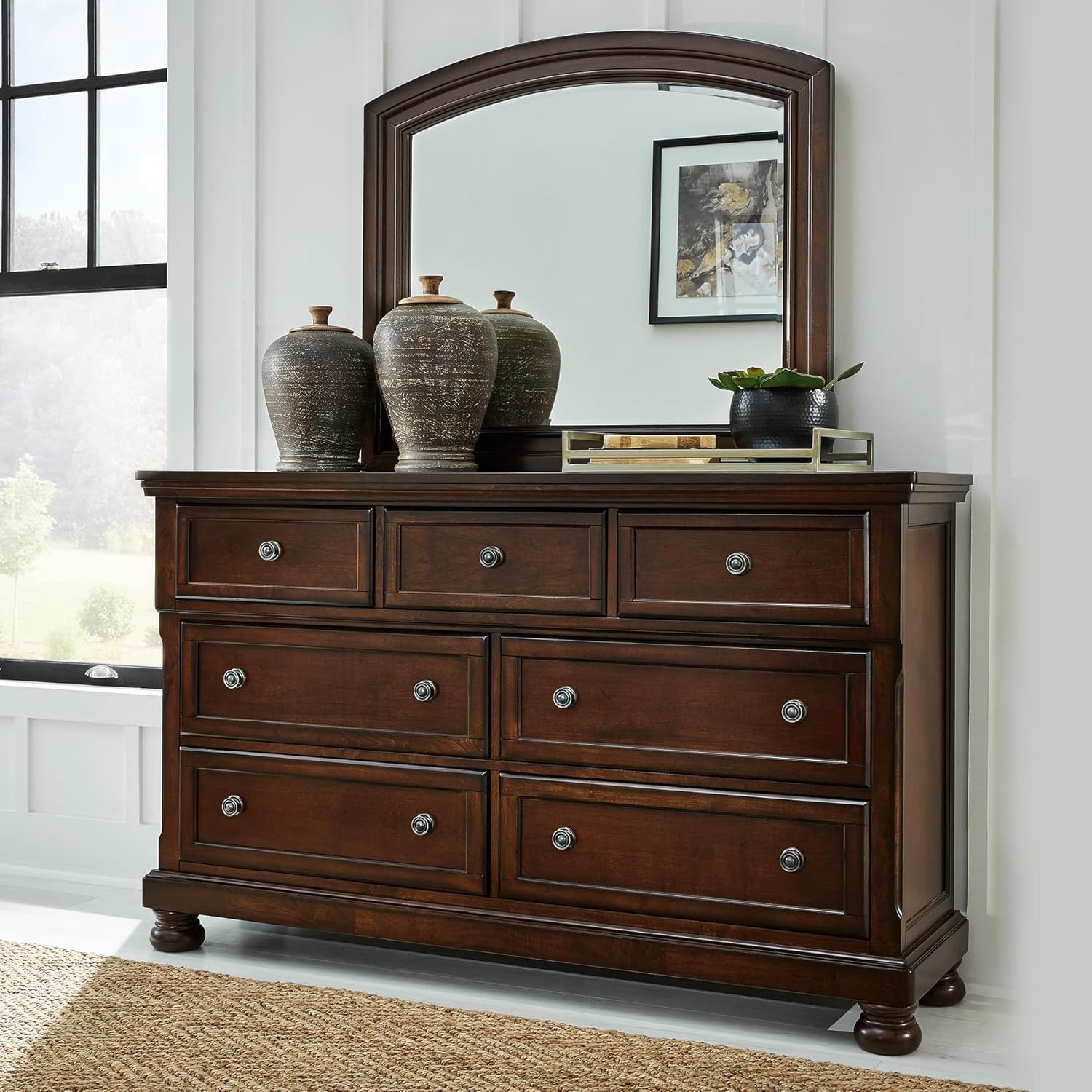 image:imageSignature Design by Ashley Robbinsdale Transitional 54 in 6Drawer Dresser and Mirror with Felt Lined Top WhiteDark Brown