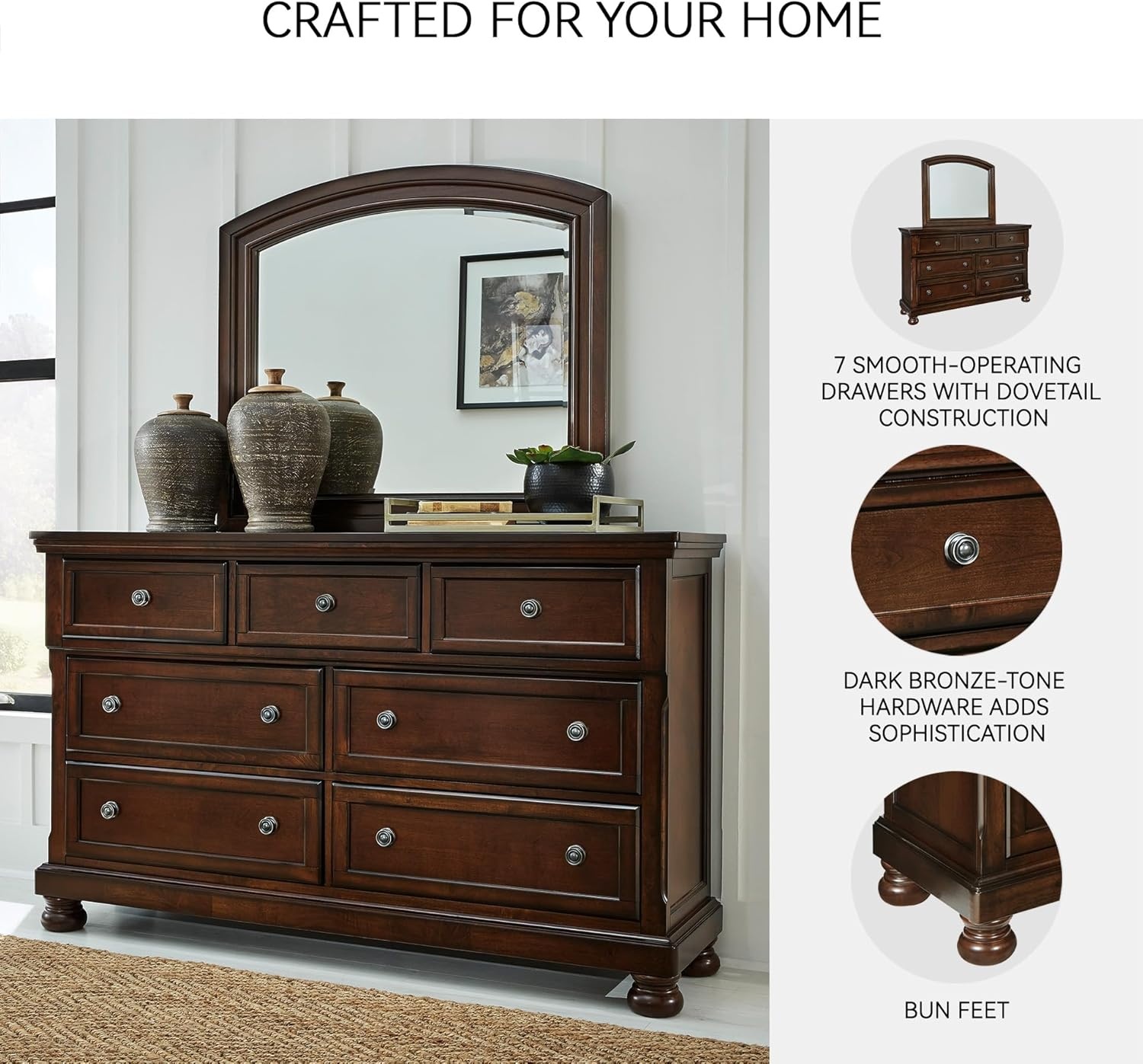 image:imageSignature Design by Ashley Robbinsdale Transitional 54 in 6Drawer Dresser and Mirror with Felt Lined Top WhiteDark Brown