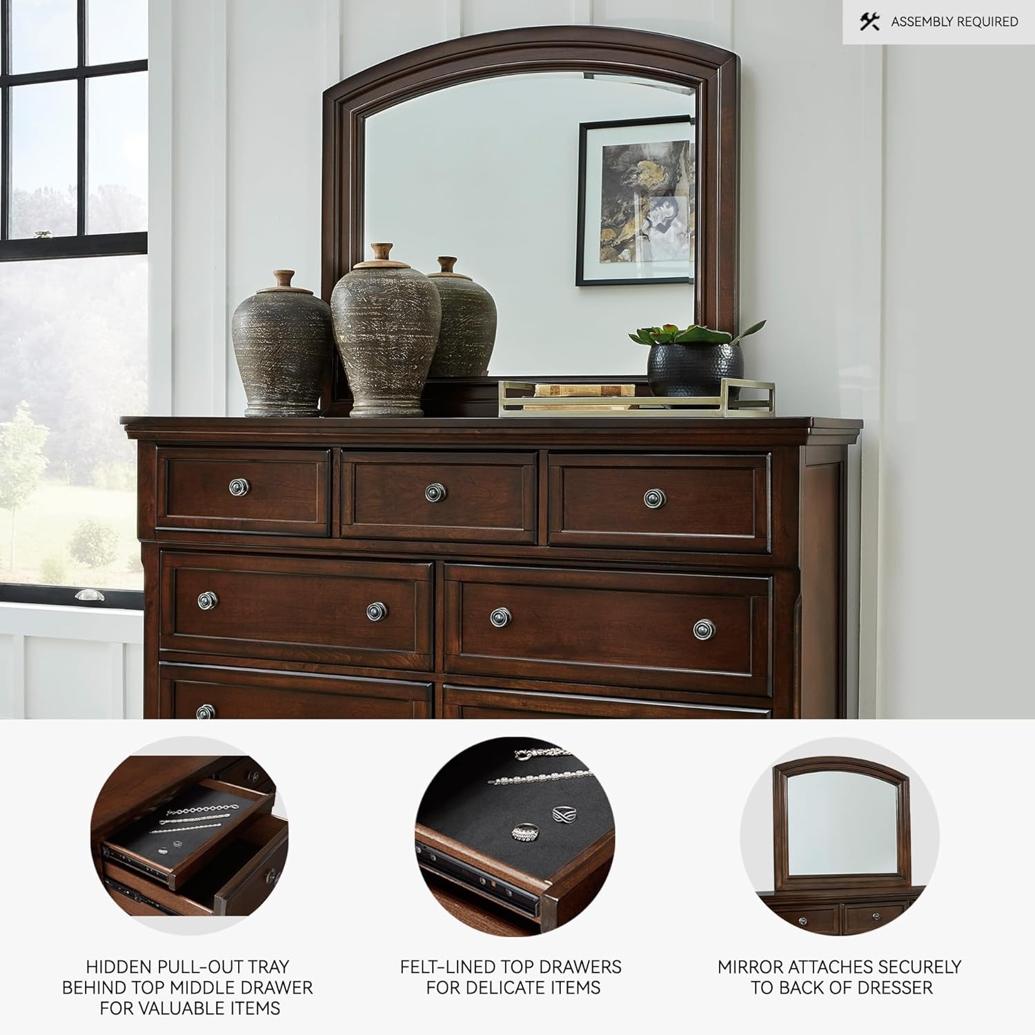 image:imageSignature Design by Ashley Robbinsdale Transitional 54 in 6Drawer Dresser and Mirror with Felt Lined Top WhiteDark Brown