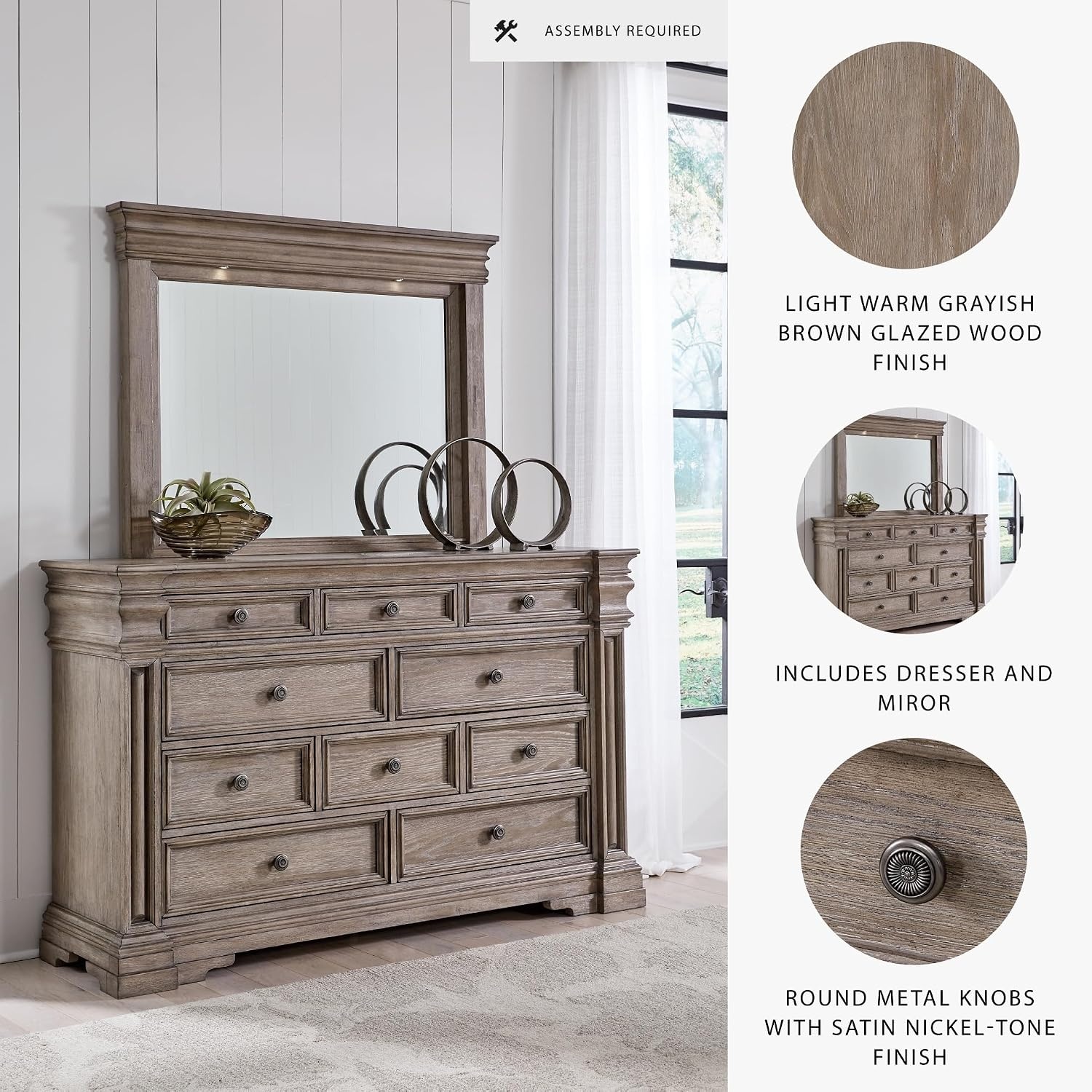 image:imageSignature Design by Ashley Robbinsdale Transitional 54 in 6Drawer Dresser and Mirror with Felt Lined Top WhiteLight Grayish Brown