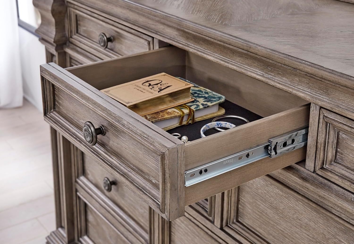 image:imageSignature Design by Ashley Robbinsdale Transitional 54 in 6Drawer Dresser and Mirror with Felt Lined Top WhiteLight Grayish Brown