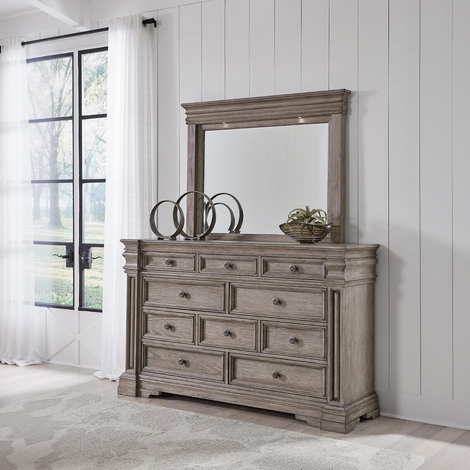 image:imageSignature Design by Ashley Robbinsdale Transitional 54 in 6Drawer Dresser and Mirror with Felt Lined Top WhiteLight Grayish Brown