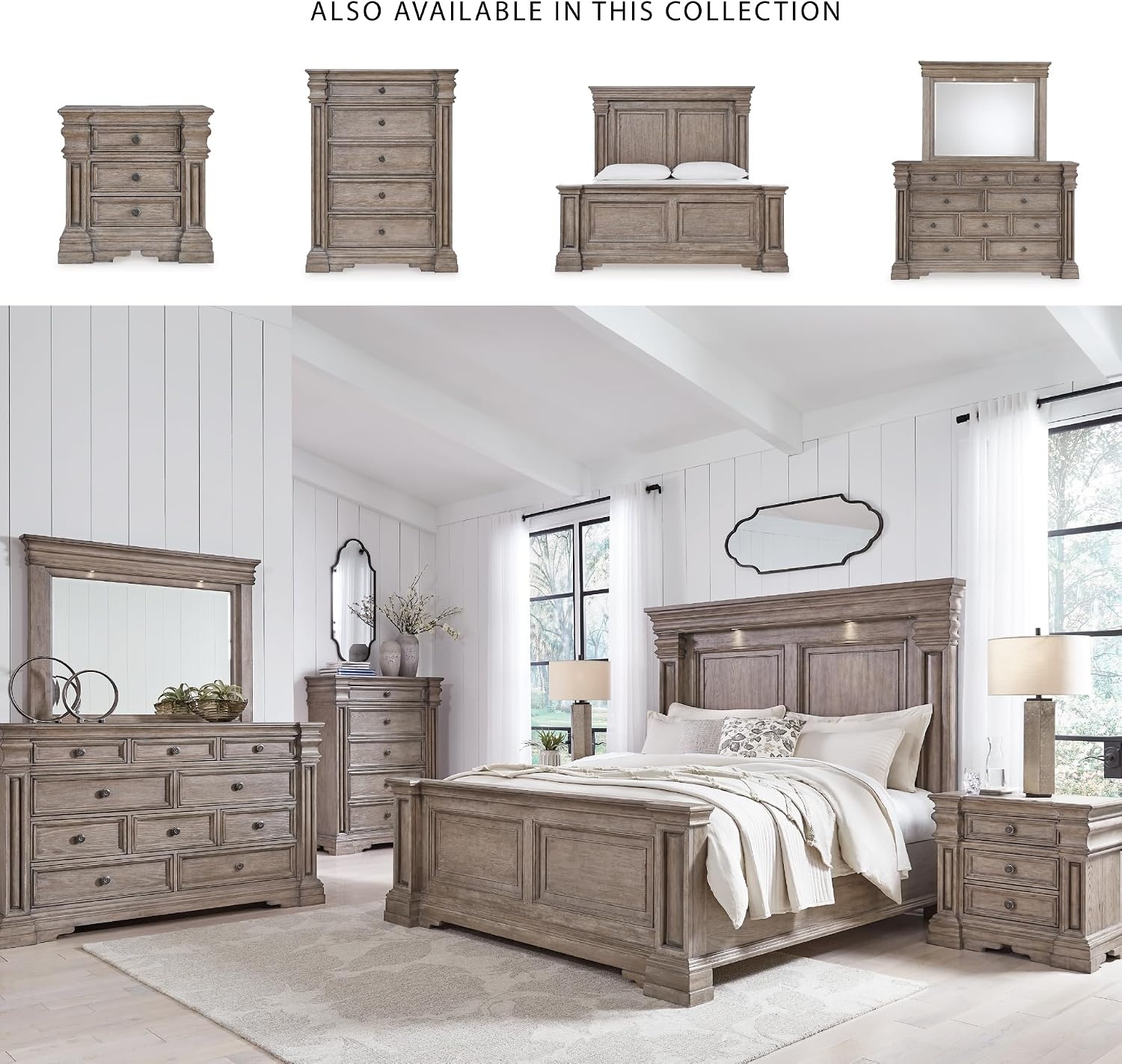 image:imageSignature Design by Ashley Robbinsdale Transitional 54 in 6Drawer Dresser and Mirror with Felt Lined Top WhiteLight Grayish Brown