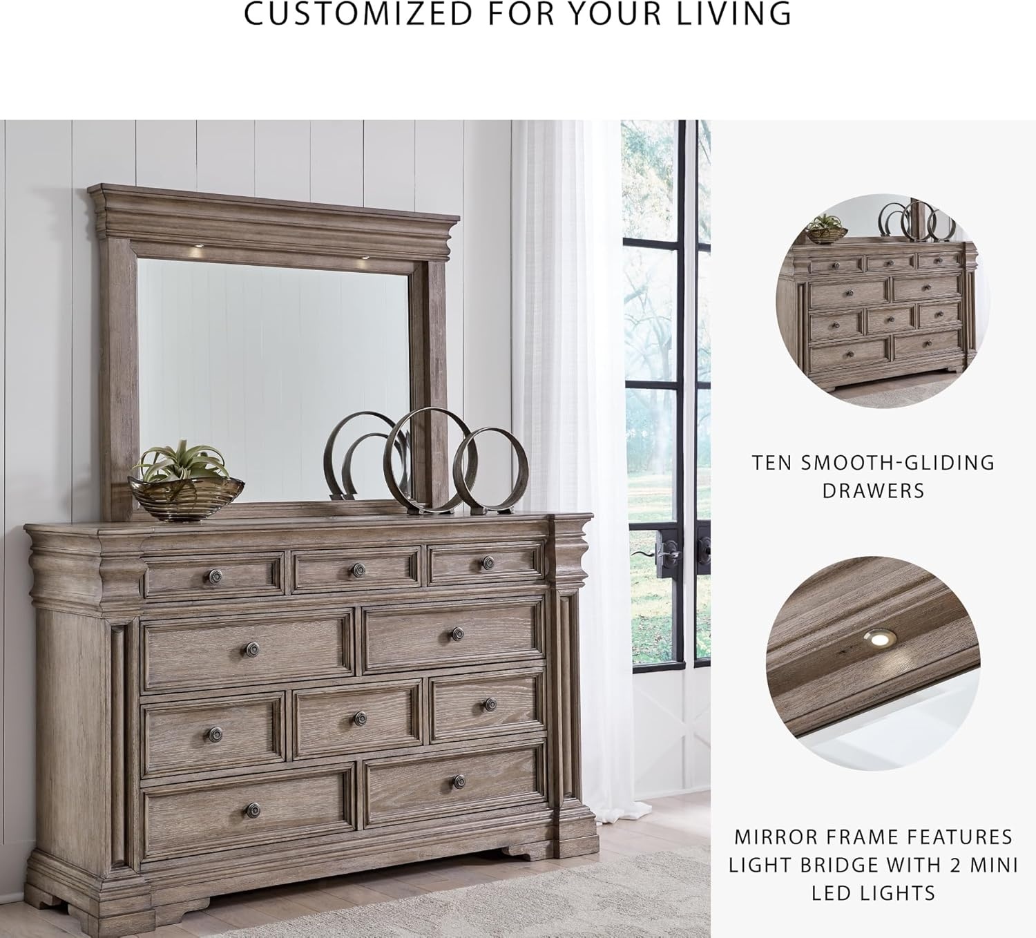 image:imageSignature Design by Ashley Robbinsdale Transitional 54 in 6Drawer Dresser and Mirror with Felt Lined Top WhiteLight Grayish Brown
