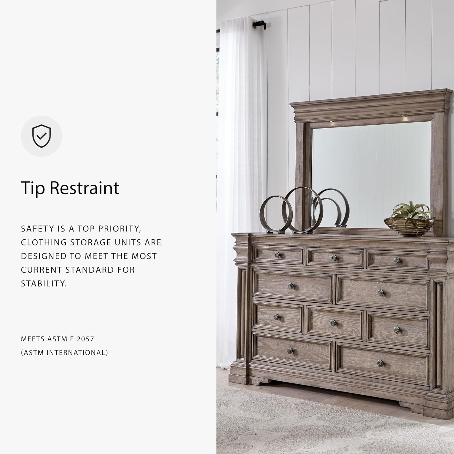 image:imageSignature Design by Ashley Robbinsdale Transitional 54 in 6Drawer Dresser and Mirror with Felt Lined Top WhiteLight Grayish Brown