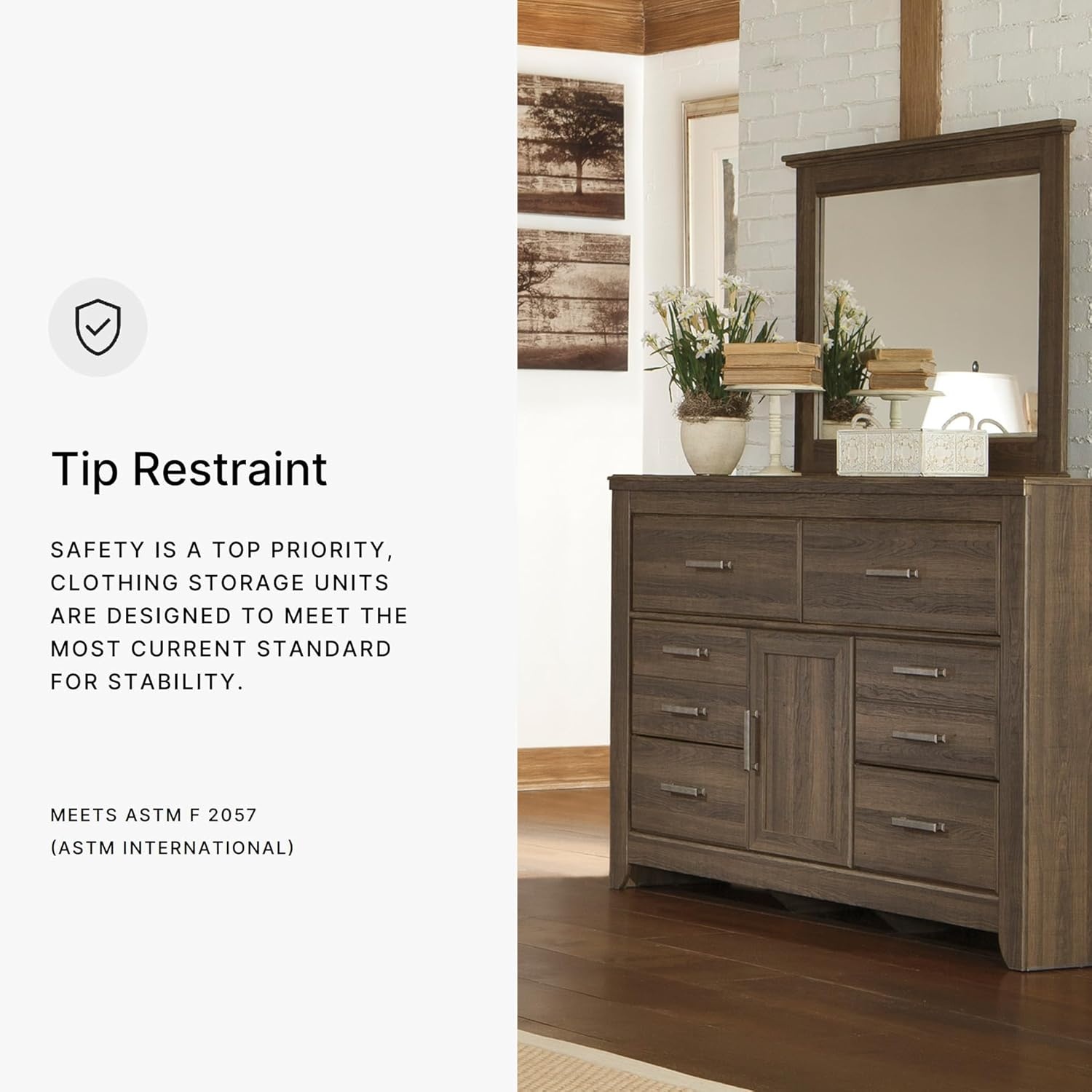 image:imageSignature Design by Ashley Robbinsdale Transitional 54 in 6Drawer Dresser and Mirror with Felt Lined Top WhiteNatural Brown