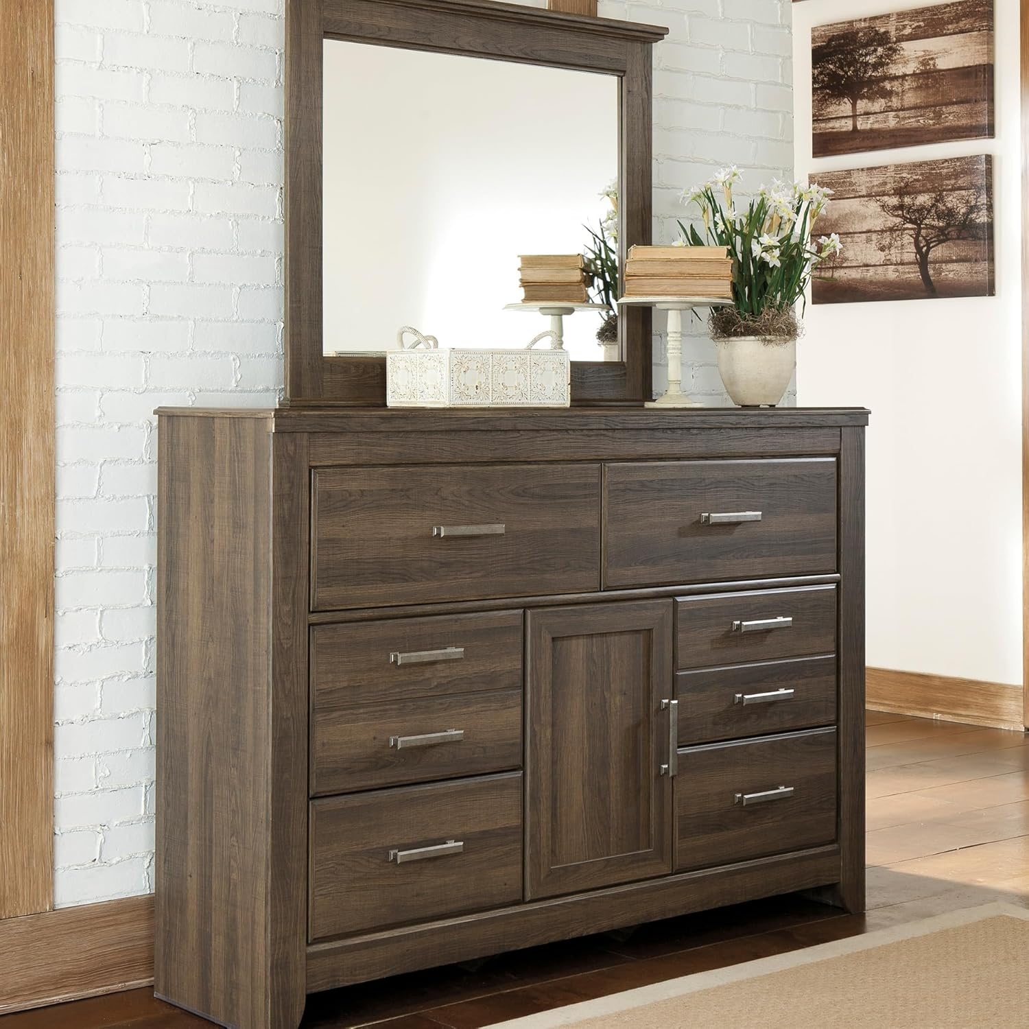 image:imageSignature Design by Ashley Robbinsdale Transitional 54 in 6Drawer Dresser and Mirror with Felt Lined Top WhiteNatural Brown