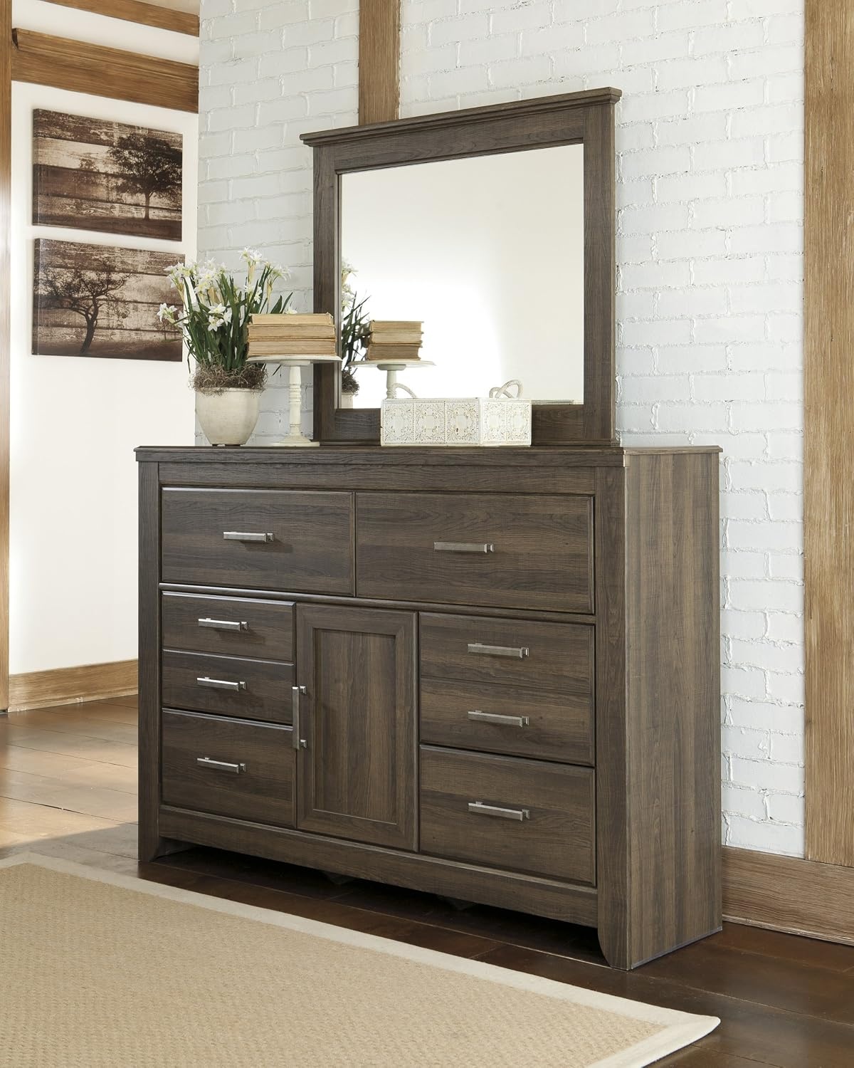 image:imageSignature Design by Ashley Robbinsdale Transitional 54 in 6Drawer Dresser and Mirror with Felt Lined Top WhiteNatural Brown