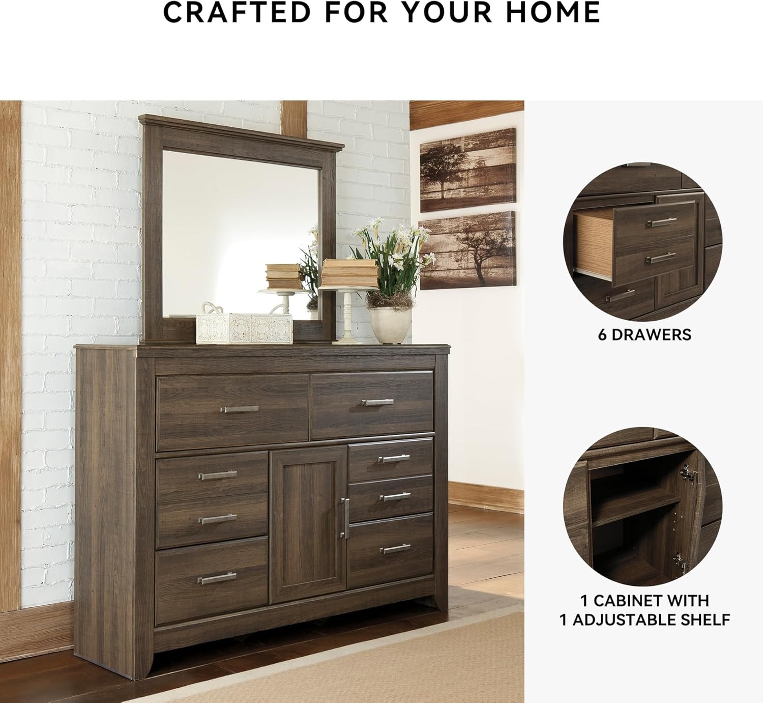 image:imageSignature Design by Ashley Robbinsdale Transitional 54 in 6Drawer Dresser and Mirror with Felt Lined Top WhiteNatural Brown