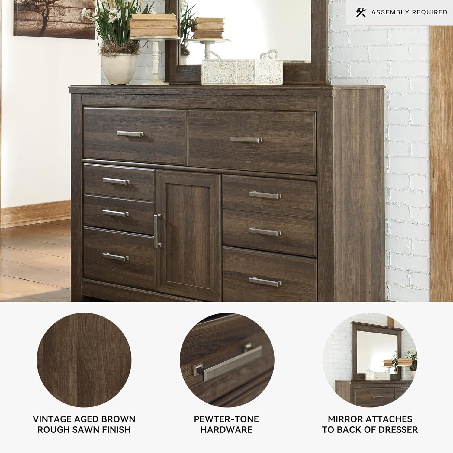 image:imageSignature Design by Ashley Robbinsdale Transitional 54 in 6Drawer Dresser and Mirror with Felt Lined Top WhiteNatural Brown