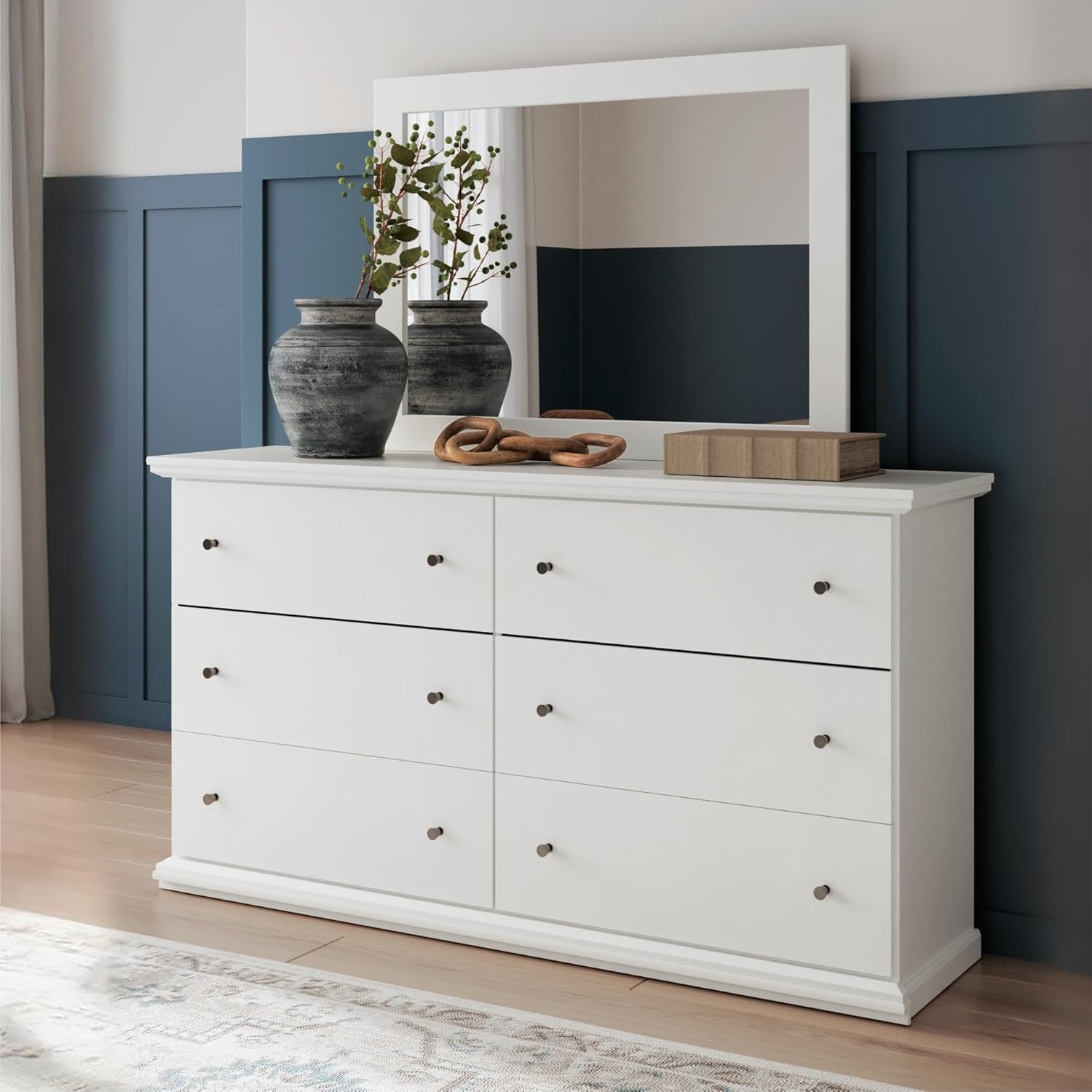 image:imageSignature Design by Ashley Robbinsdale Transitional 54 in 6Drawer Dresser and Mirror with Felt Lined Top WhiteWhite