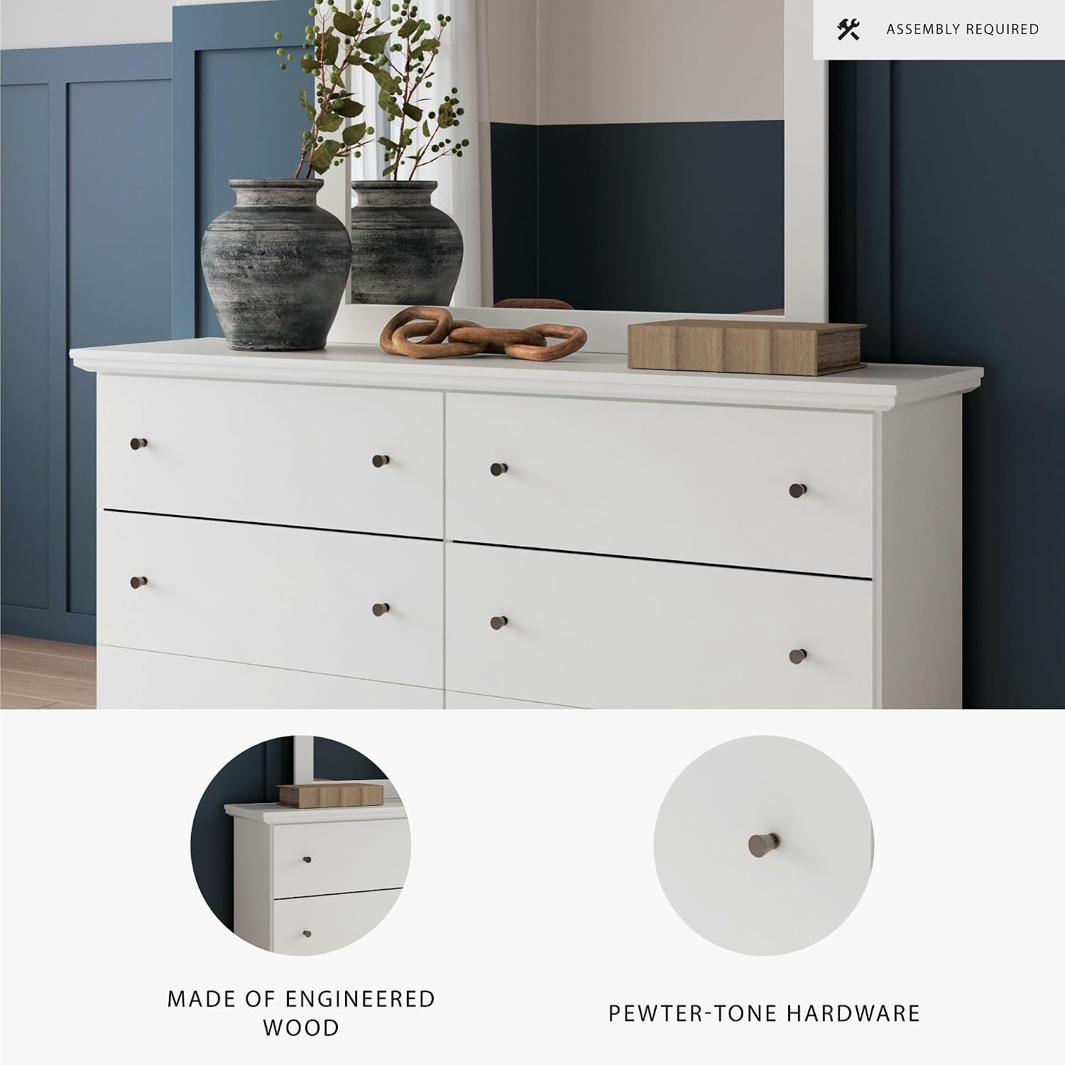 image:imageSignature Design by Ashley Robbinsdale Transitional 54 in 6Drawer Dresser and Mirror with Felt Lined Top WhiteWhite