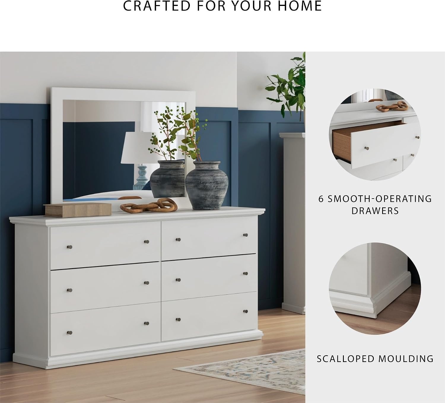 image:imageSignature Design by Ashley Robbinsdale Transitional 54 in 6Drawer Dresser and Mirror with Felt Lined Top WhiteWhite