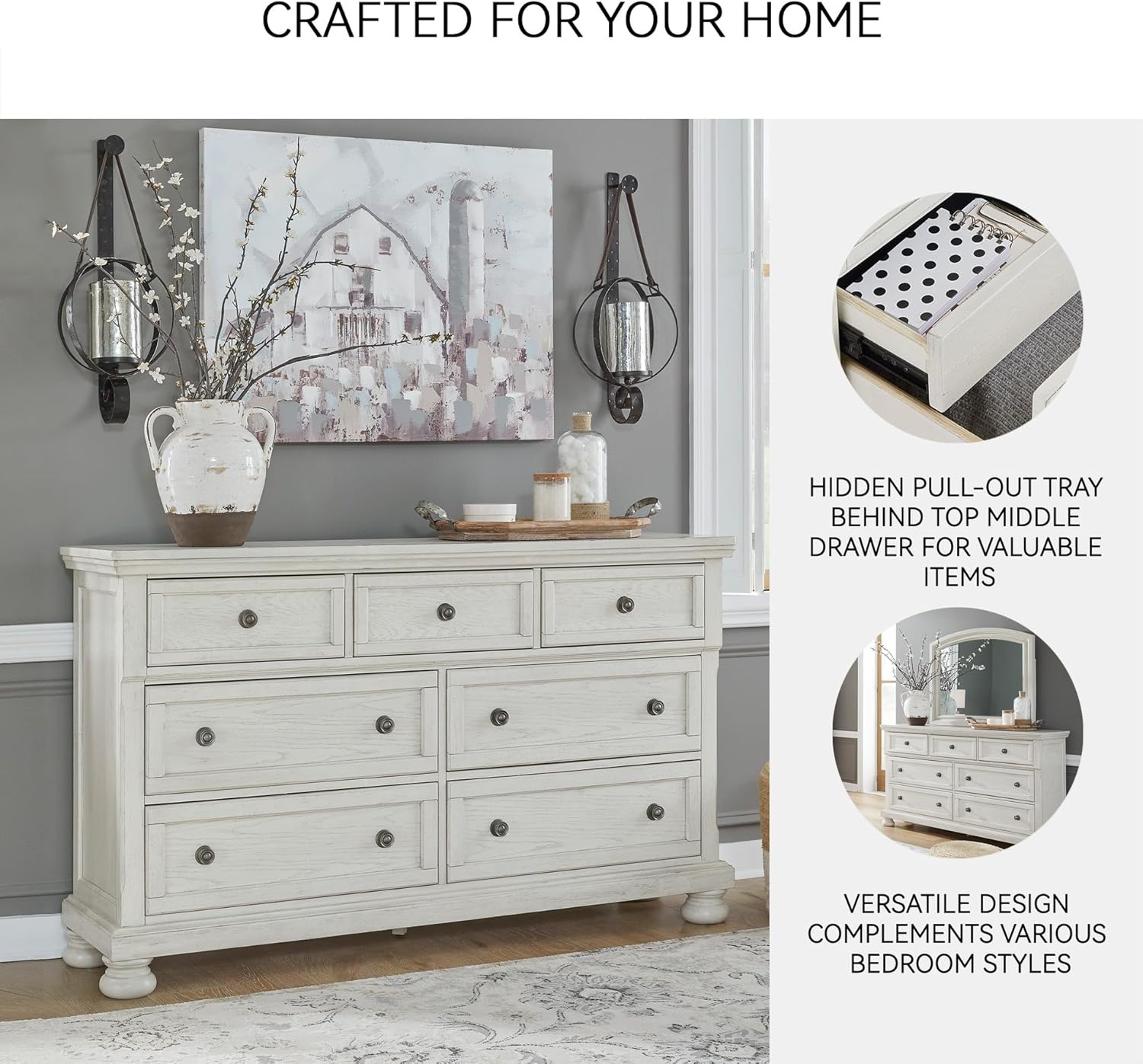 image:imageSignature Design by Ashley Robbinsdale Transitional 54 in 6Drawer Dresser and Mirror with Felt Lined Top WhiteWhite