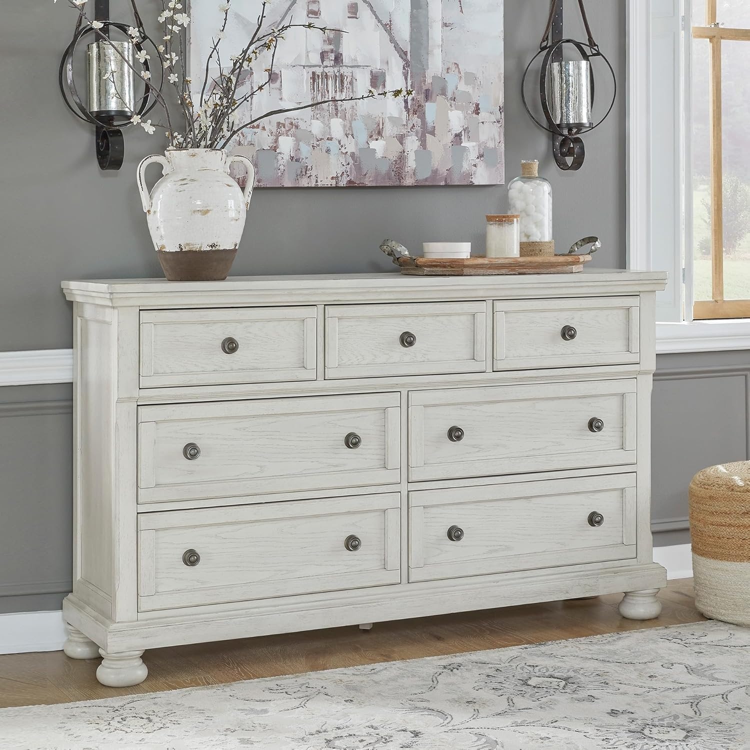image:imageSignature Design by Ashley Robbinsdale Transitional 54 in 6Drawer Dresser and Mirror with Felt Lined Top WhiteWhite