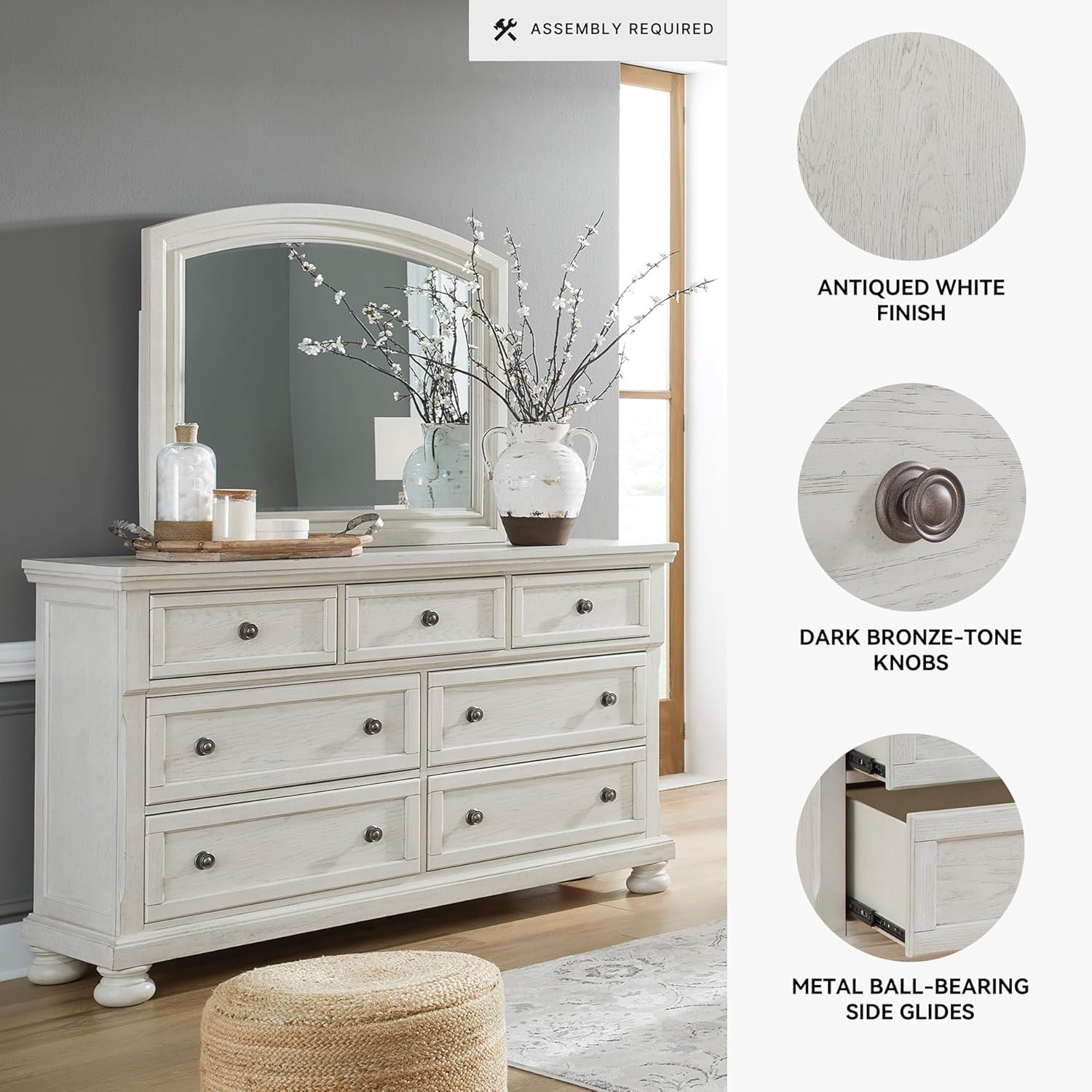 image:imageSignature Design by Ashley Robbinsdale Transitional 54 in 6Drawer Dresser and Mirror with Felt Lined Top WhiteWhitewash