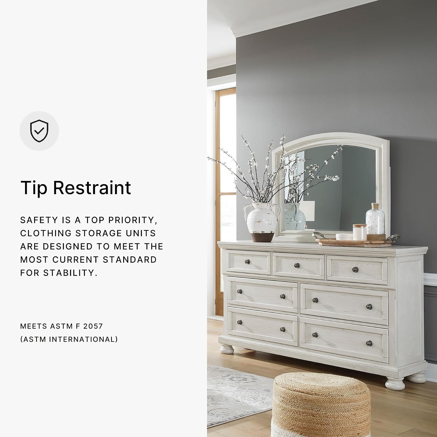 image:imageSignature Design by Ashley Robbinsdale Transitional 54 in 6Drawer Dresser and Mirror with Felt Lined Top WhiteWhitewash