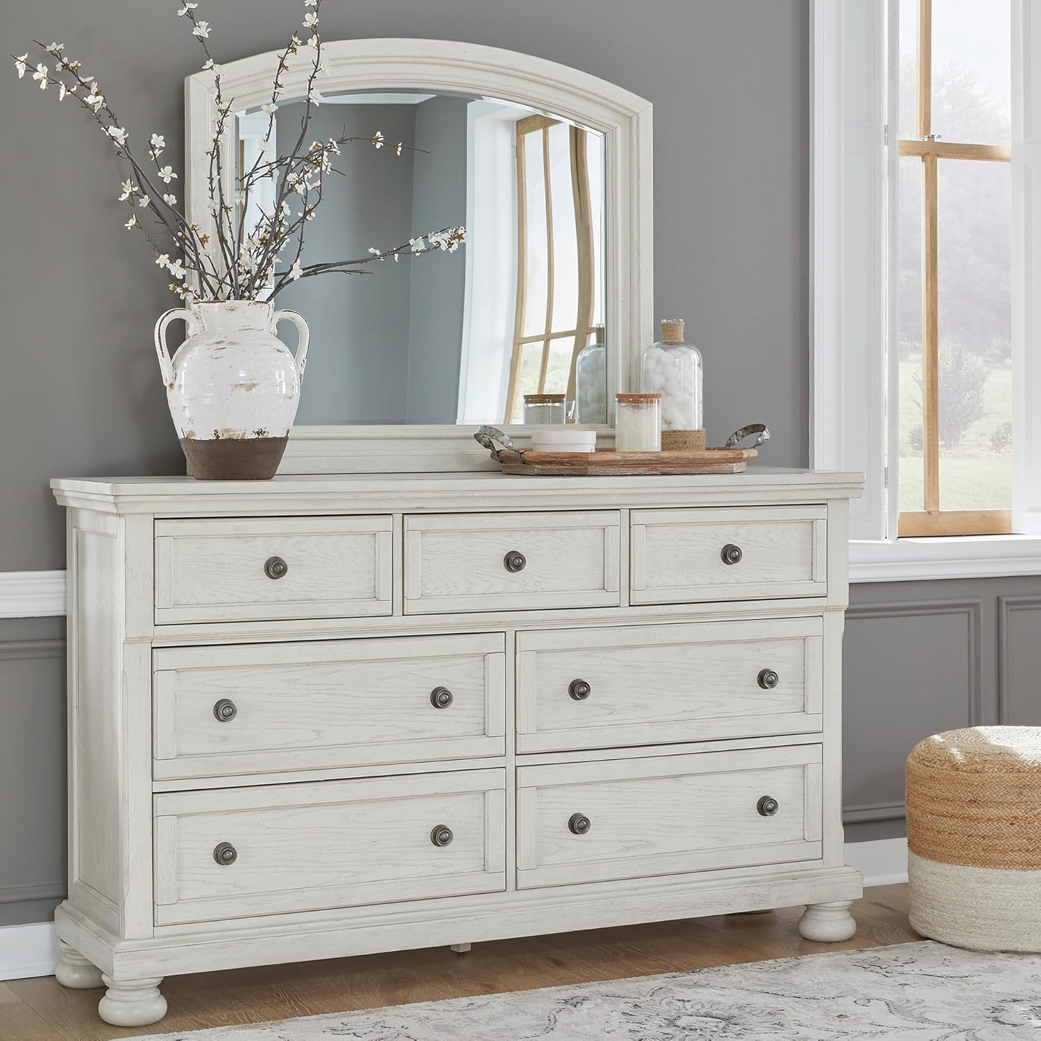 image:imageSignature Design by Ashley Robbinsdale Transitional 54 in 6Drawer Dresser and Mirror with Felt Lined Top WhiteWhitewash