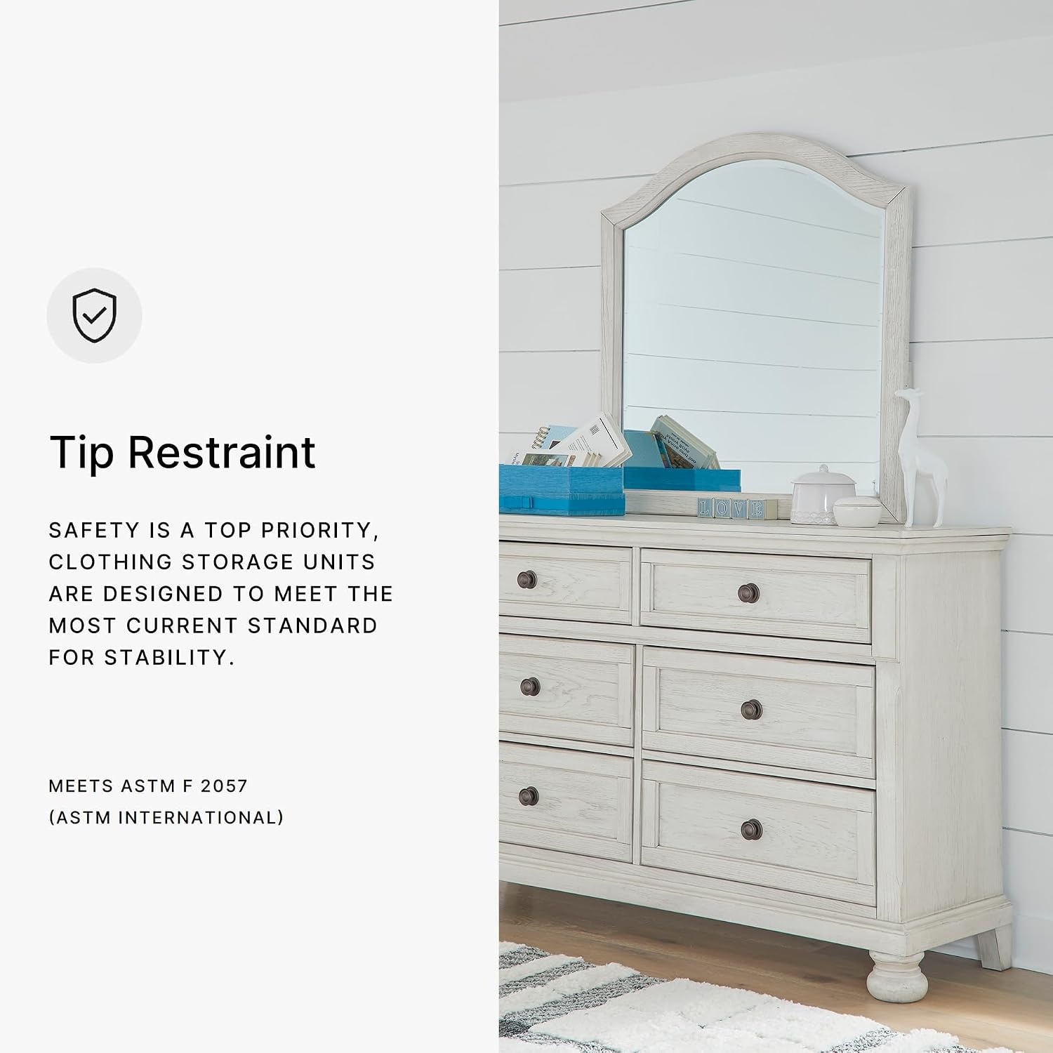 image:imageSignature Design by Ashley Robbinsdale Transitional 54 in 6Drawer Dresser and Mirror with Felt Lined Top WhiteWhitewash