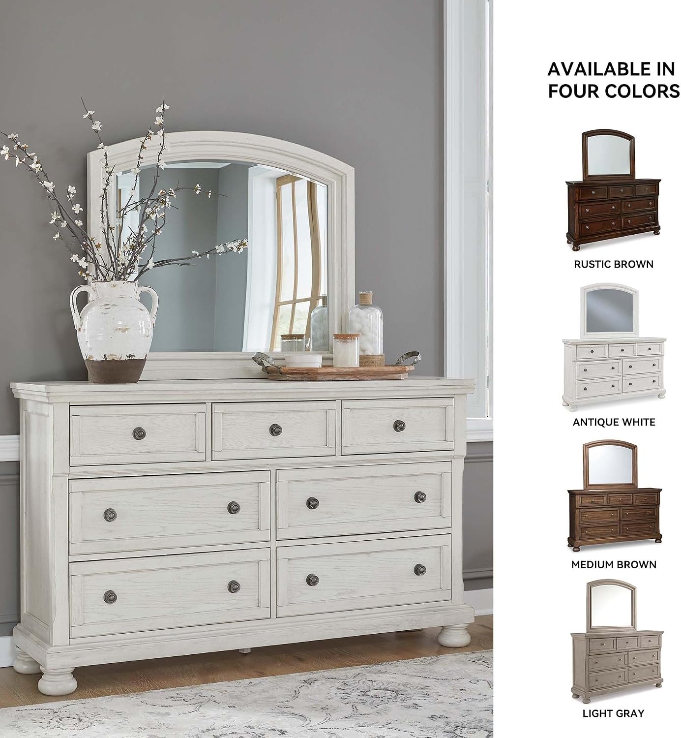 image:imageSignature Design by Ashley Robbinsdale Transitional 54 in 6Drawer Dresser and Mirror with Felt Lined Top WhiteWhitewash